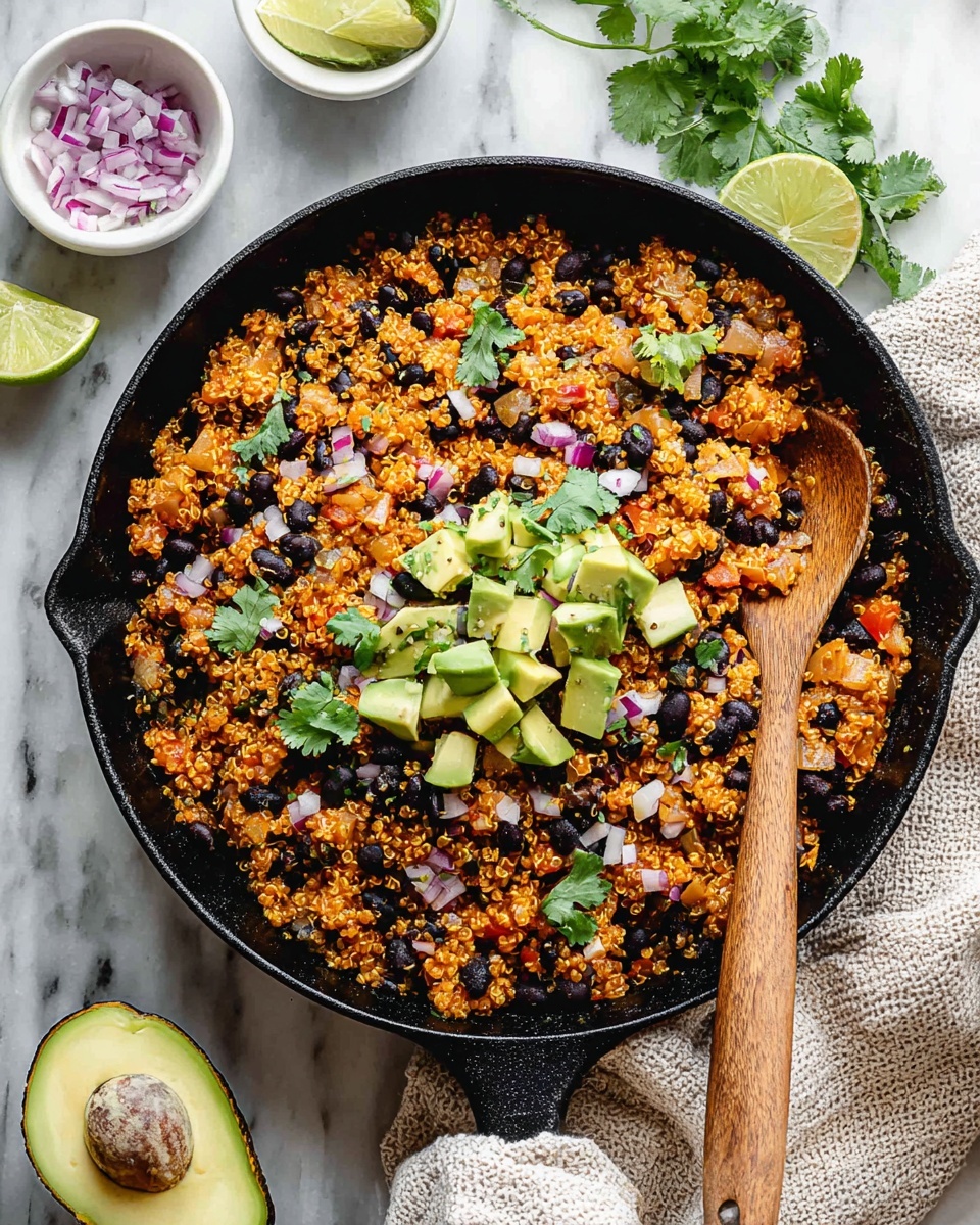 A black cast iron skillet holds a colorful quinoa and black bean dish, showing a mix of orange quinoa, black beans, small red and white onion pieces, and bright green avocado chunks on top, along with fresh green cilantro leaves scattered. A wooden spoon rests in the skillet. Around the skillet, there is half an avocado with pit visible on a white marbled surface, along with a small white bowl of diced red onions and a small white bowl of lime wedges. A light textured towel lies to the right side of the skillet. Photo taken with an iphone --ar 4:5 --v 7