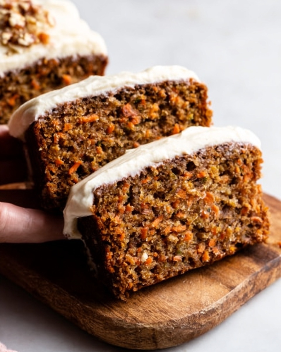 The image shows a loaf of carrot cake with one layer, topped with a thick, creamy white frosting that covers the entire top surface. The cake itself has a dense, moist texture with small pieces of orange carrot and some darker nuts visible inside. The loaf is placed on a wooden board that sits on a white marbled surface. Some crumbs have fallen around the base of the cake, and the background is plain and white. photo taken with an iphone --ar 4:5 --v 7