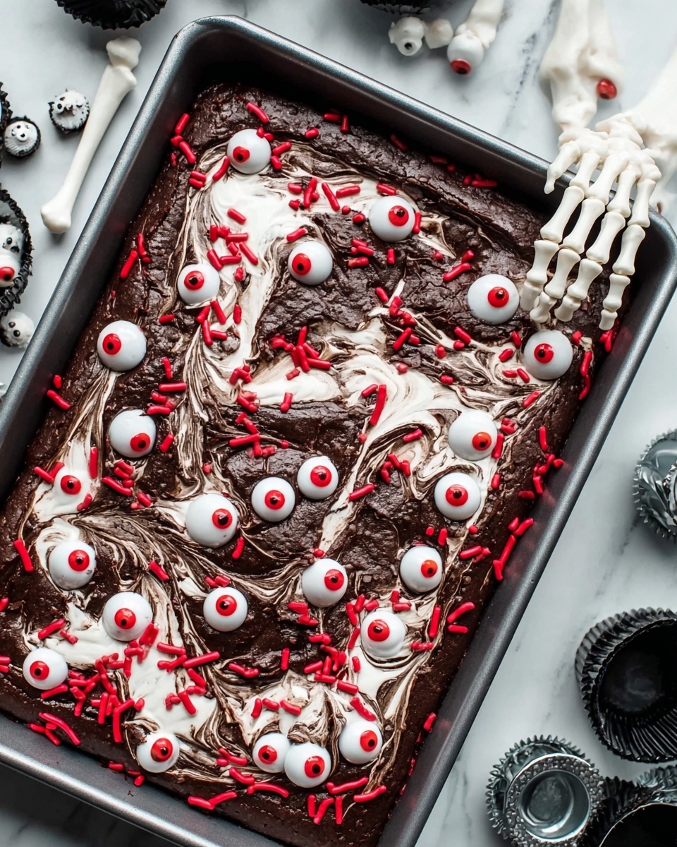 The image shows a rectangular pan filled with dark brown chocolate brownie batter that has swirls of white cream cheese mixed on top. The surface is decorated with many small round candy eyeballs with red veins and black pupils scattered all over. Red sprinkle rods are also spread around for extra color and texture. A plastic white skeleton hand reaches from the right side holding the edge of the pan. The pan is placed on a white marbled surface with some black and silver baking cups partially visible on the right side. Photo taken with an iphone --ar 4:5 --v 7