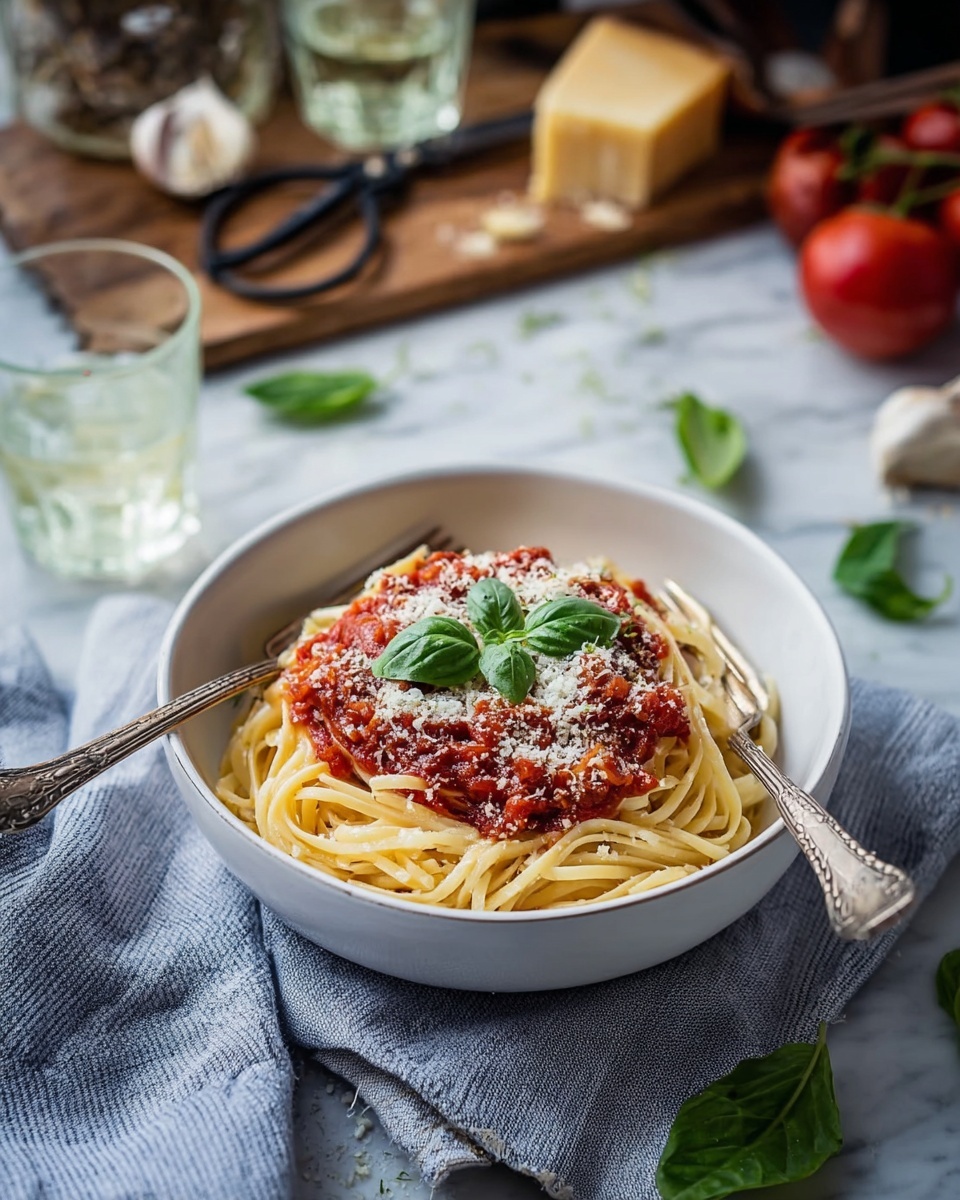 A white bowl holds a serving of long, thick pasta arranged in a loose circular nest. On top, there is a layer of rich red tomato sauce with visible small chunks, sprinkled with grated white cheese that adds texture and a light dusting. At the very center, a fresh green basil leaf decorates the dish. Two vintage silver forks rest on the edge of the bowl. The bowl is set on a white marbled surface with a soft blue striped cloth underneath. Around it, out of focus, are glasses with clear liquid, whole red tomatoes, a piece of hard yellow cheese on a wooden board, a garlic bulb, black scissors, and scattered basil leaves. Photo taken with an iphone --ar 4:5 --v 7