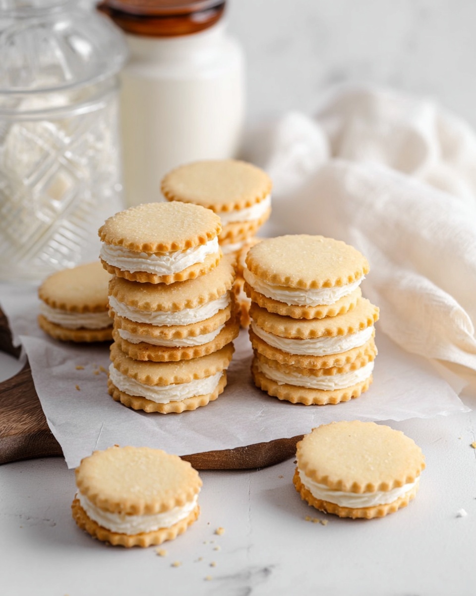 The image shows many small round sandwiches made of two light golden cookies with scalloped edges and a white creamy filling in between. They are stacked and spread out on two sheets of white parchment paper placed on a wooden board. The background is a white marbled texture with a glass container on the left and two white jars, one with a brown lid, in the upper background. A white cloth is softly folded on the right side. Photo taken with an iphone --ar 4:5 --v 7