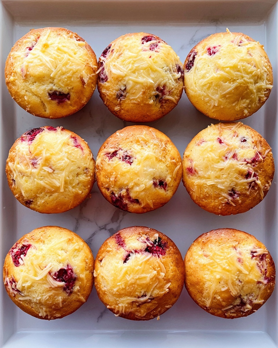 Nine round muffins are arranged in three rows inside a white tray on a white marbled surface. Each muffin has a golden brown top layer with a light texture and is sprinkled with melted grated cheese that adds a slightly crispy look. Underneath the top, the muffins show bits of red fruit, likely berries, giving small splashes of deep red through the creamy light-yellow dough. The muffins have a soft, moist texture, and the cheese on top is unevenly melted, enhancing their homemade appeal. The bright lighting highlights the muffins’ warm tones and slightly browned edges. photo taken with an iphone --ar 4:5 --v 7