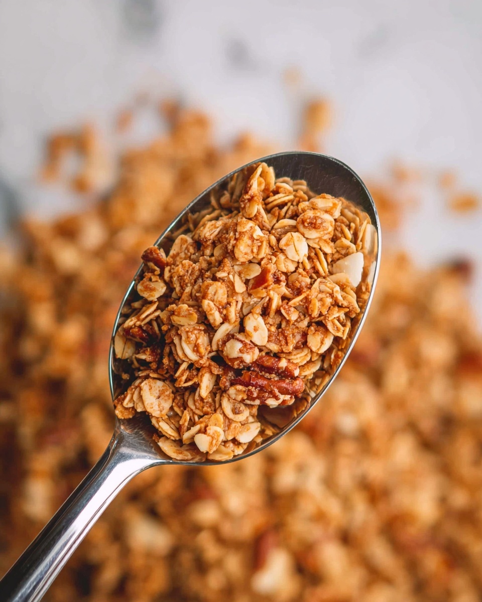 A close-up view of a silver spoon filled with golden-brown granola made of oats and nut pieces. The granola has a crunchy texture with clusters and scattered flakes. The background is filled with more granola, blurred softly to highlight the spoon's contents. The whole setting is on a white marbled surface. Photo taken with an iphone --ar 4:5 --v 7