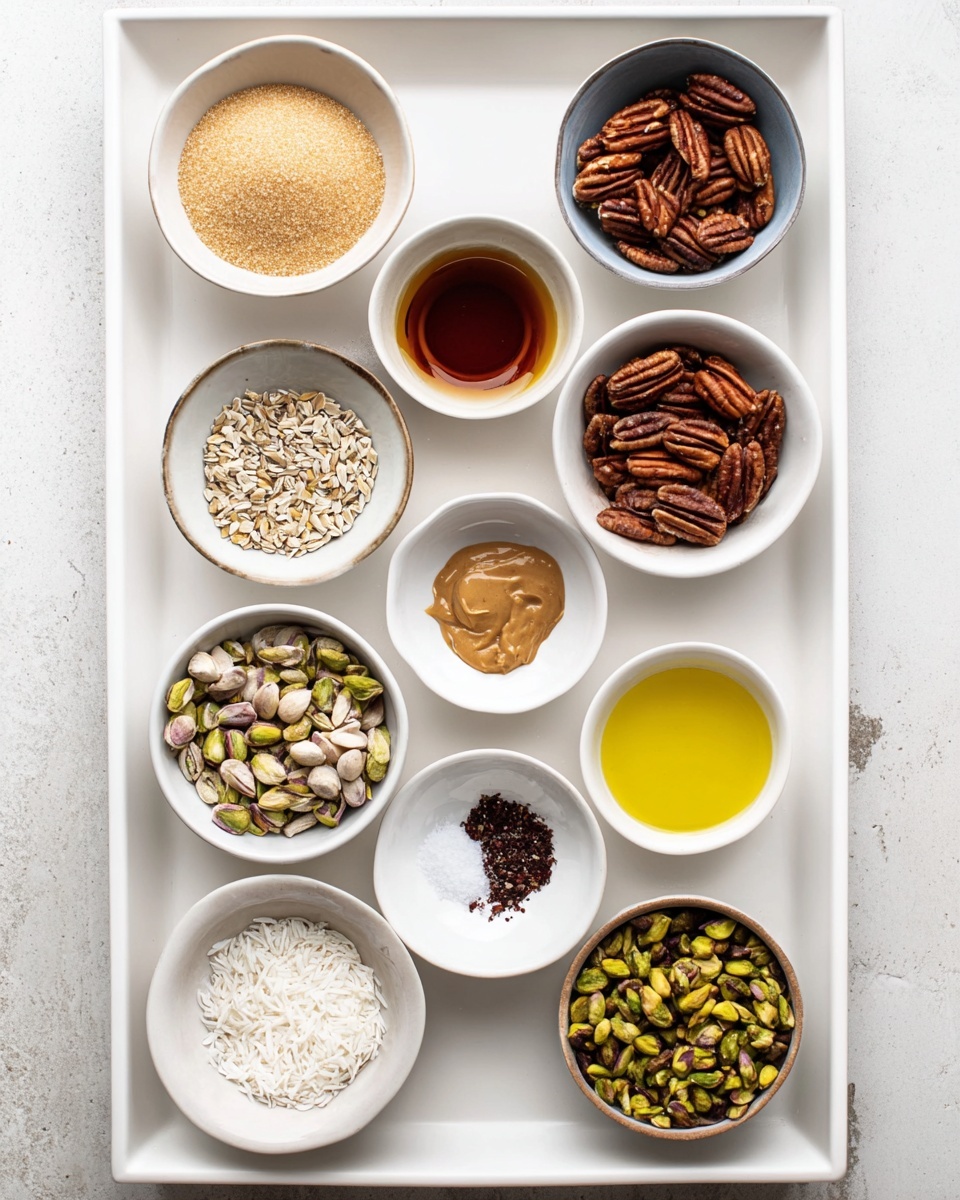 A white tray with eleven small white bowls arranged in four rows containing different ingredients for cooking. Starting from the top left, the first bowl holds light brown sugar, next to it a bowl with dark amber liquid, then a bowl with whole pecans with a rich brown color. Below, a bowl of pale sesame seeds, next a bowl with sunflower seeds in light gray, followed by a small bowl with light brown peanut butter. Next row, a small bowl with golden yellow oil and a small bowl with a mix of brown spice and salt. The bottom row has a larger bowl filled with white coconut flakes, a small bowl with dark brown syrup, a bowl filled with yellow-green pistachios, and a bowl of green pumpkin seeds. All bowls sit on a white marbled surface. Photo taken with an iphone --ar 4:5 --v 7