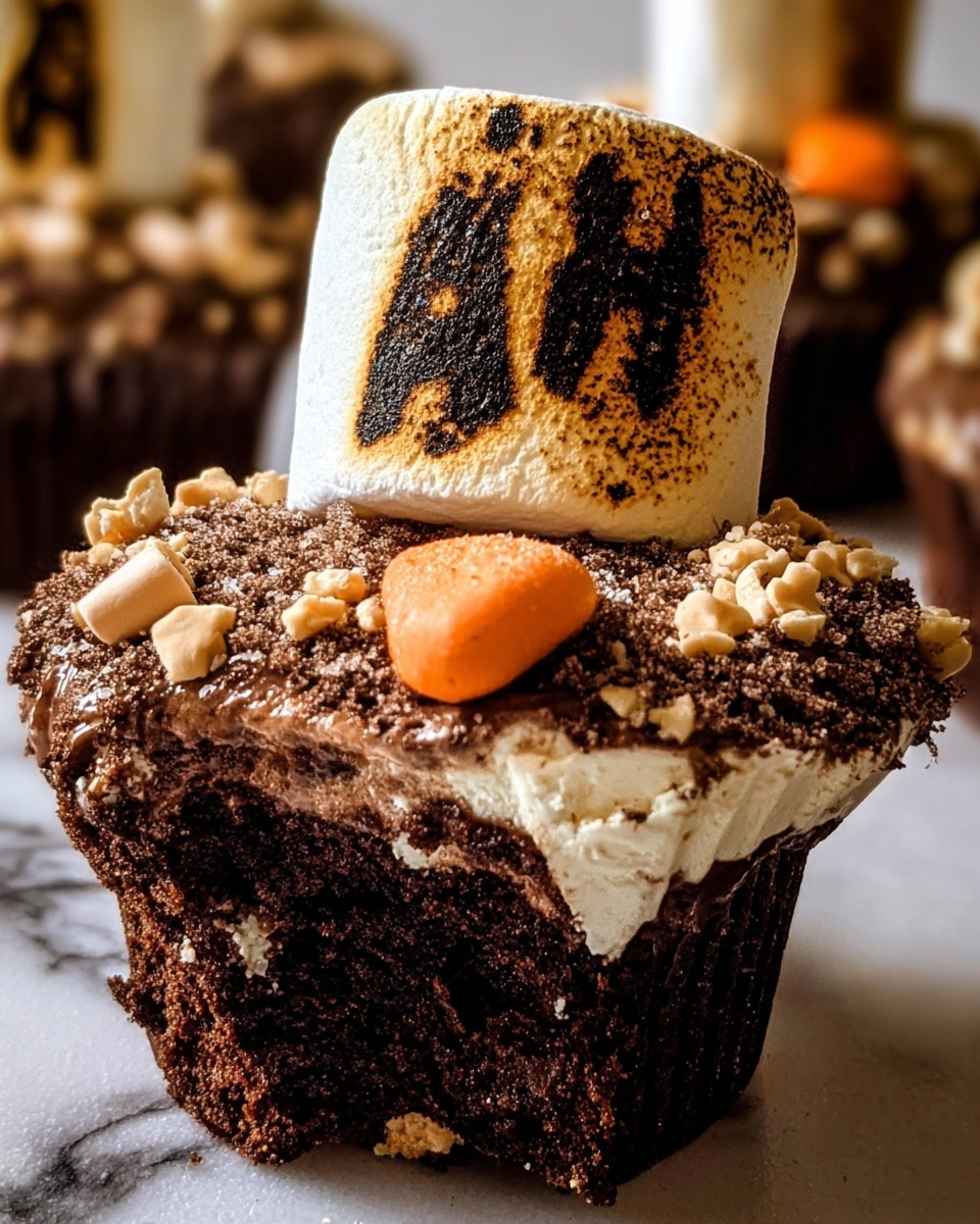 A close-up of a chocolate cupcake with a dark brown, moist top covered in cocoa powder and small white and orange candy pieces scattered over it. On the cupcake, there is a toasted marshmallow with a slightly browned top and the letters
