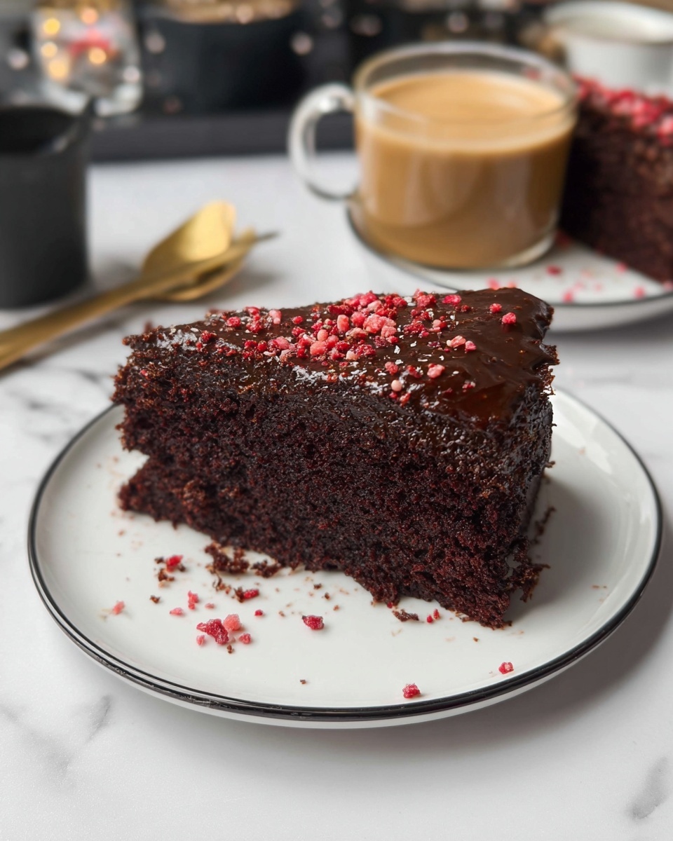 A white rectangular dish holds a rich, smooth dark chocolate layer spread evenly on top, with a shiny texture that catches the light. Small red sprinkles are scattered thickly across the entire surface, adding a pop of bright color on the dark chocolate. The dish is placed on a surface with a white marbled texture, and kitchen tools and containers blur softly in the background. The edges of the dish show a slight overflow of the chocolate mix. photo taken with an iphone --ar 4:5 --v 7