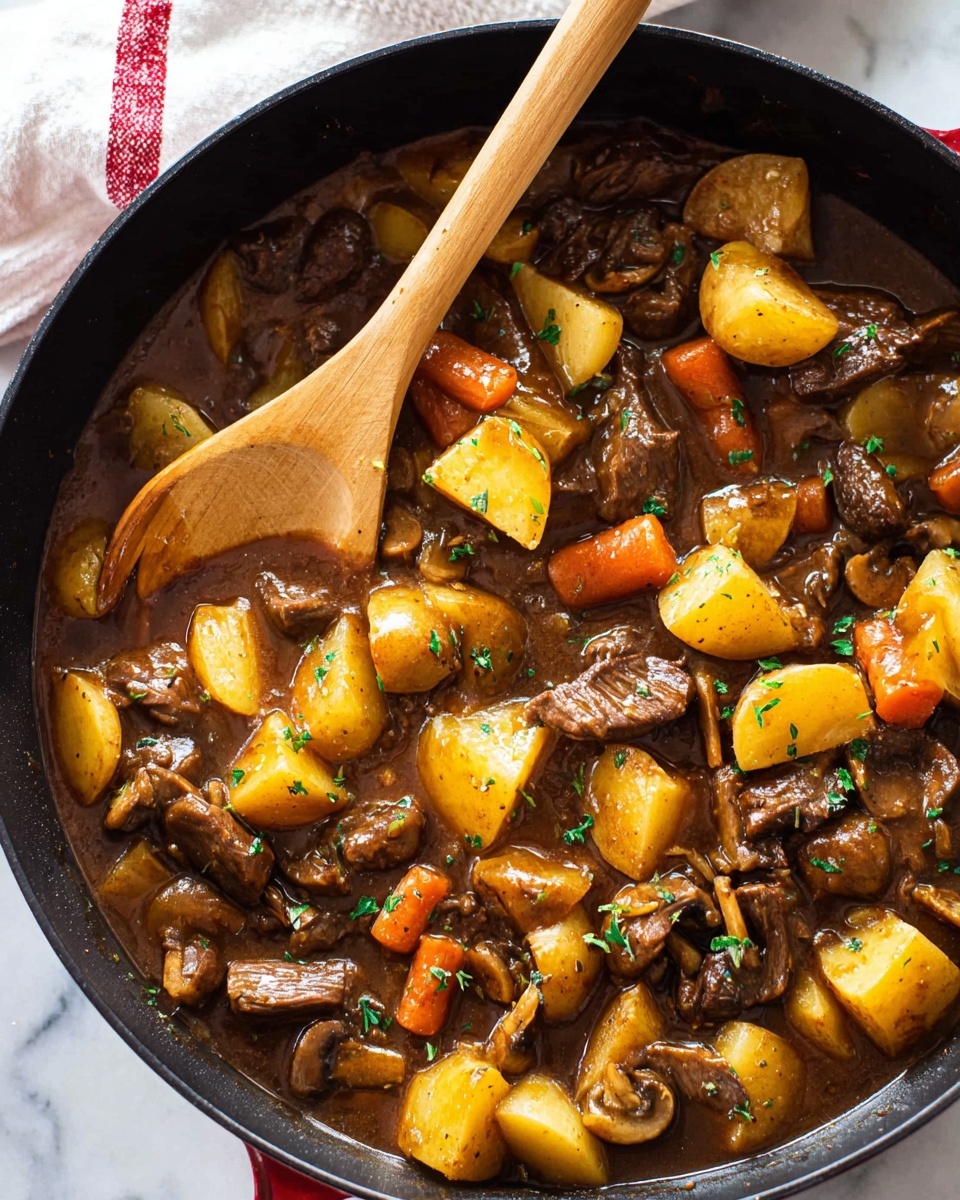 The image shows a close-up of a stew with several layers and colors. At the bottom, there are soft yellow baby potatoes with smooth skin, mixed with small, cube-shaped orange carrots. Above that, there are dark brown pieces of beef that look tender, mixed with sliced mushrooms that are brown with a soft texture. Green parsley pieces are scattered on top, adding a touch of bright color. The dish is being stirred with a large wooden spoon, held by a woman's hand. The background and surface are in a white marbled texture, making the colors in the stew stand out clearly. Photo taken with an iphone --ar 4:5 --v 7
