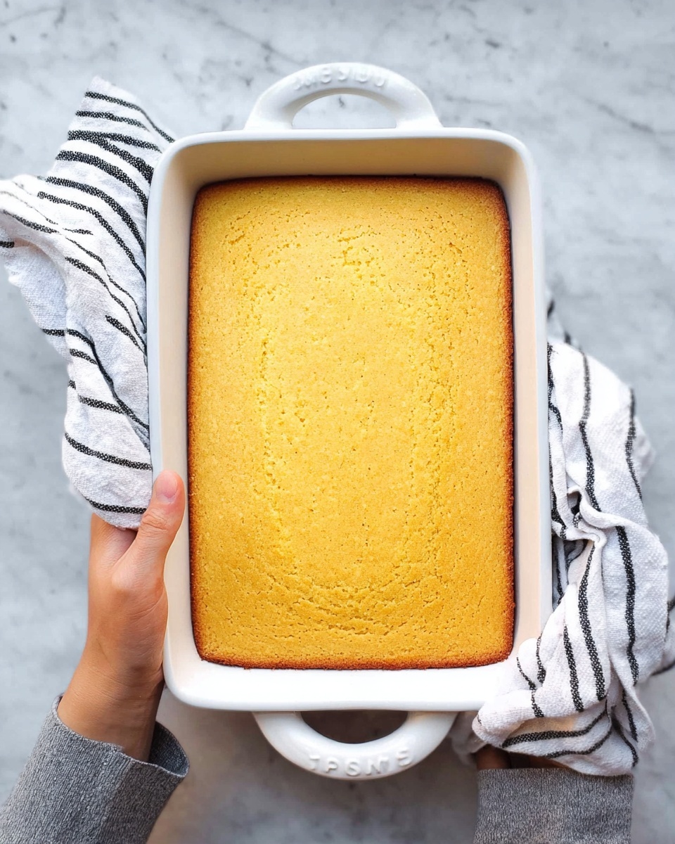 A golden yellow baked cornbread with a smooth, slightly cracked top surface, showing a firm texture with a light browning around the edges, sitting in a white rectangular ceramic baking dish with two handles. The dish is held by two woman's hands using a white cloth with black stripes. The background is a white marbled texture. photo taken with an iphone --ar 4:5 --v 7