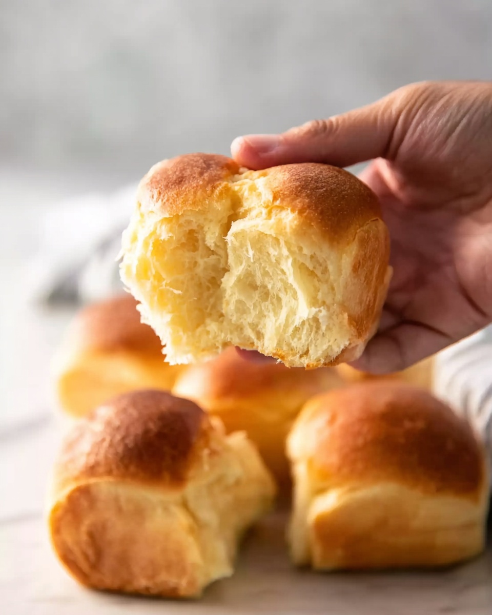 A woman's hand holds a soft, golden brown bread roll that is torn open to show a fluffy, light yellow inside texture. In the background, four more bread rolls with similar golden tops are slightly blurred and placed on a white marbled surface. The lighting highlights the softness and freshness of the bread roll. Photo taken with an iphone --ar 4:5 --v 7