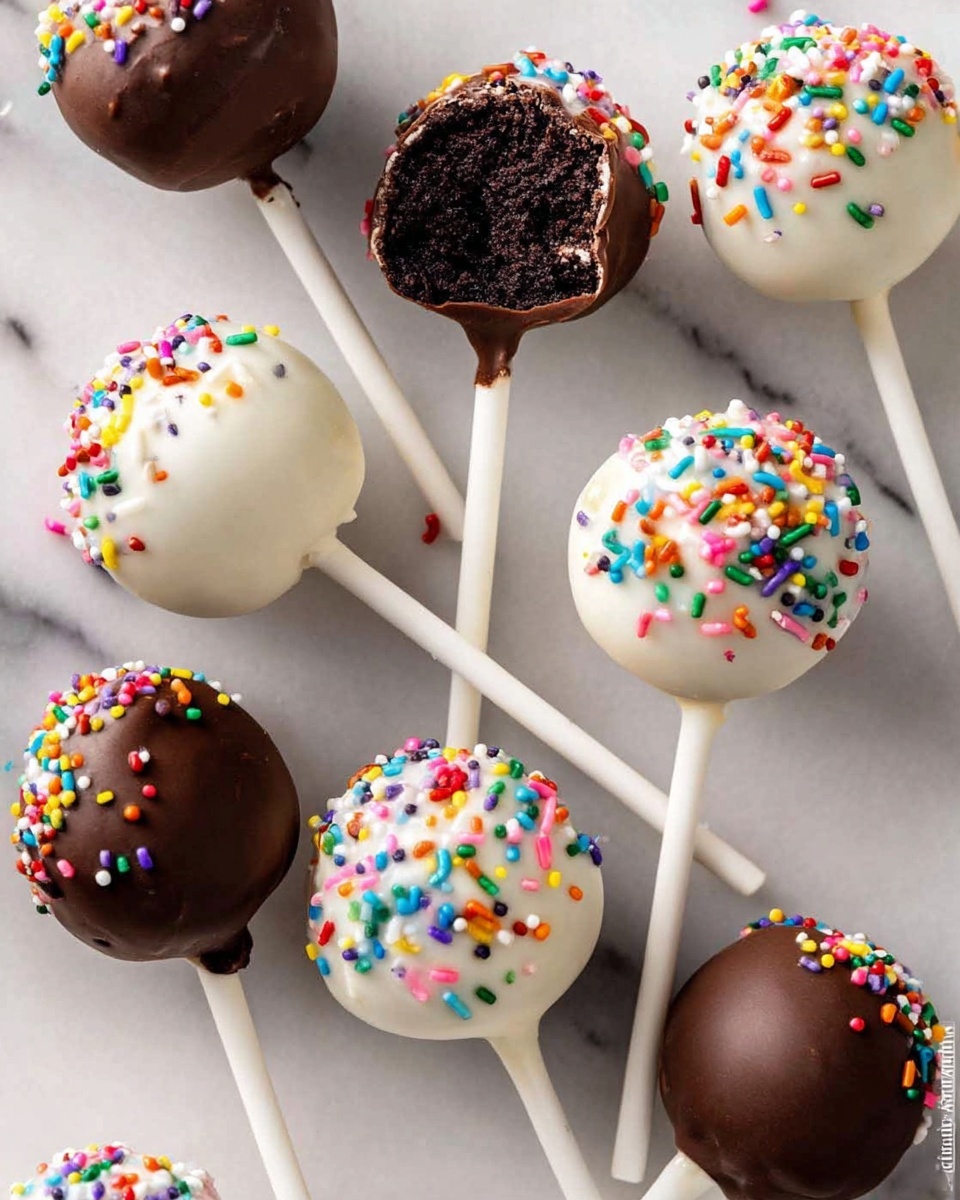 The image shows a close-up of a cake pop on a white stick, held by a woman's hand. The cake pop is covered with smooth white icing and decorated with colorful sprinkles that include blue, purple, orange, and pink shades. A bite is taken from the cake pop, revealing a dark brown, moist, and dense chocolate cake inside. In the blurred background, there are more cake pops with the same white icing and sprinkles, placed upright on a white marbled surface. The photo has bright lighting and soft focus on the background, highlighting the texture and colors of the main cake pop photo taken with an iphone --ar 4:5 --v 7