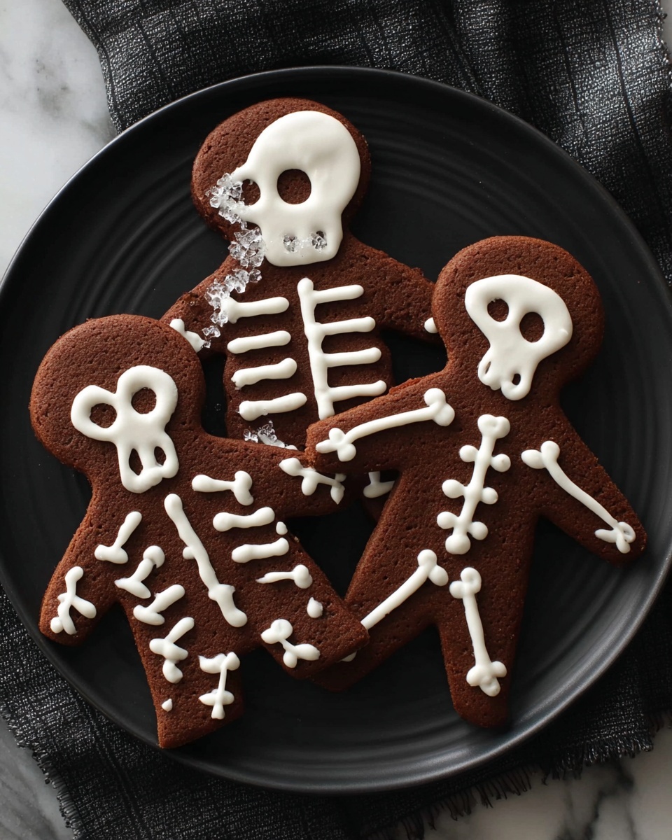 The image shows six skeleton-shaped cookies lined up on a long white rectangular plate. Each cookie is dark brown with white icing carefully decorating the skeleton bodies, including the skulls, rib cages, arms, and legs. The skeleton designs are clear and well-defined, giving a playful Halloween look. The plate sits on a white marbled surface, and the background has a yellow color. The lighting highlights the shine of the icing and the rich dark color of the cookies. photo taken with an iphone --ar 4:5 --v 7
