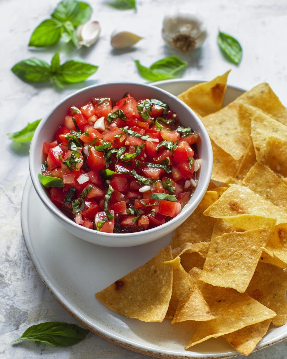 The image shows a bowl of bright red diced tomatoes mixed with green basil leaves, small bits of white garlic, and black pepper, all inside a white bowl resting on a white plate. Next to it, there is another white bowl filled with golden yellow triangular tortilla chips with small brown spots. The background is a white marbled surface with scattered green basil leaves and garlic cloves for decoration. The setting is bright with natural light and soft shadows. photo taken with an iphone --ar 4:5 --v 7