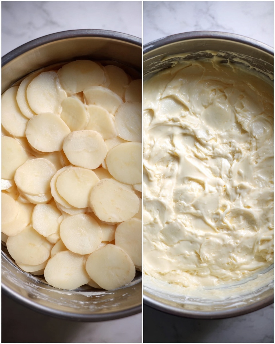The image shows two side-by-side close-ups of a metal mixing bowl on a white marbled surface. On the left, thin, round, pale white slices of potato are neatly stacked on top of a creamy pale yellow mixture that fills the bowl bottom. On the right, the potato slices are mixed into the creamy thick sauce, creating an uneven texture with the pale white potato pieces coated in the mixture, which looks smooth and slightly glossy. The sauce is dense and has a few lumps, indicating the blending of ingredients. Photo taken with an iphone --ar 4:5 --v 7