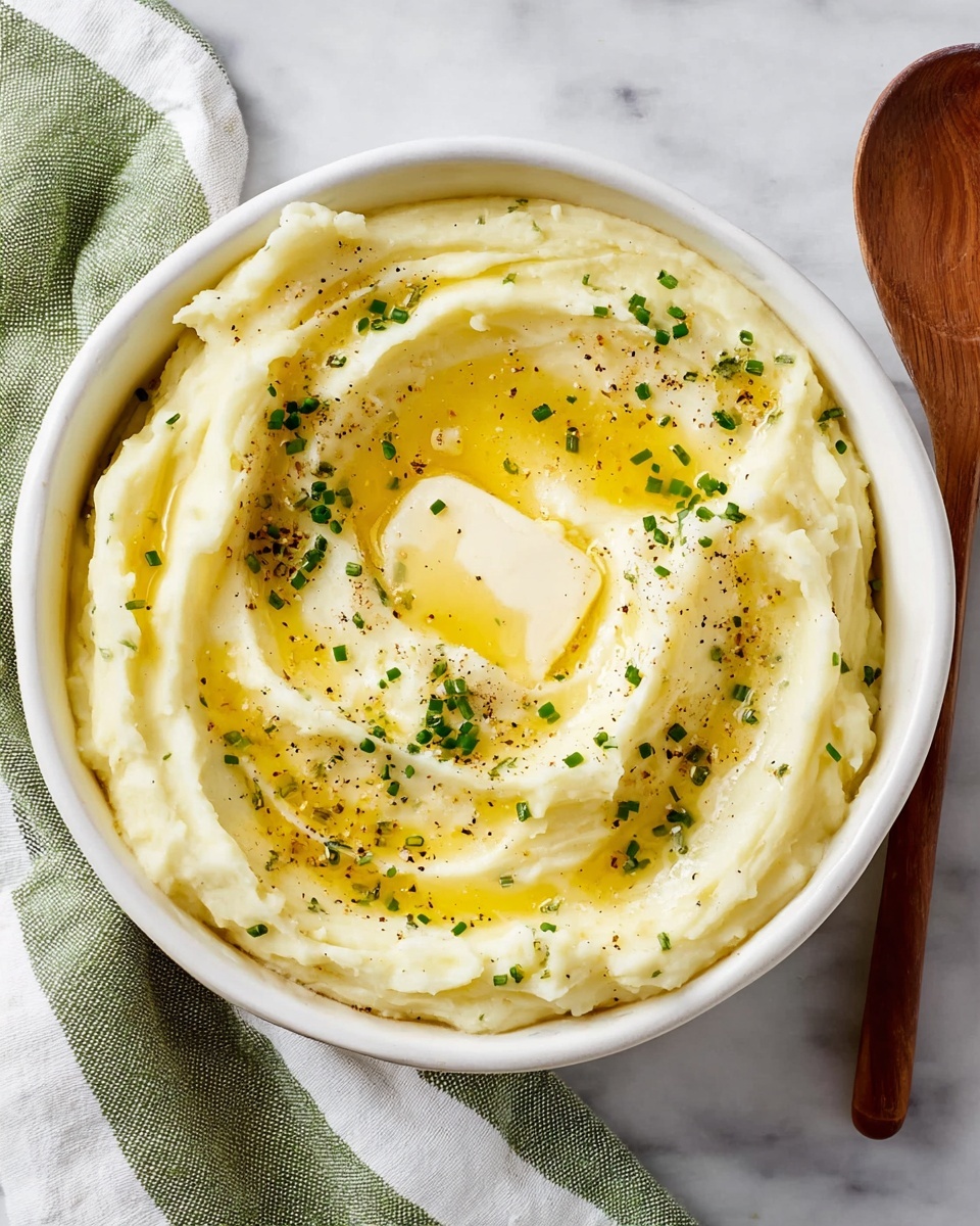 A white bowl filled with creamy mashed potatoes, swirled smoothly with a soft texture. On top, there is a pat of melting butter in the center, surrounded by a drizzle of golden melted butter. The mashed potatoes are sprinkled with small green chives and black pepper. The bowl is placed on a white marbled surface, with a green and white striped cloth and a wooden spoon nearby. Photo taken with an iphone --ar 4:5 --v 7