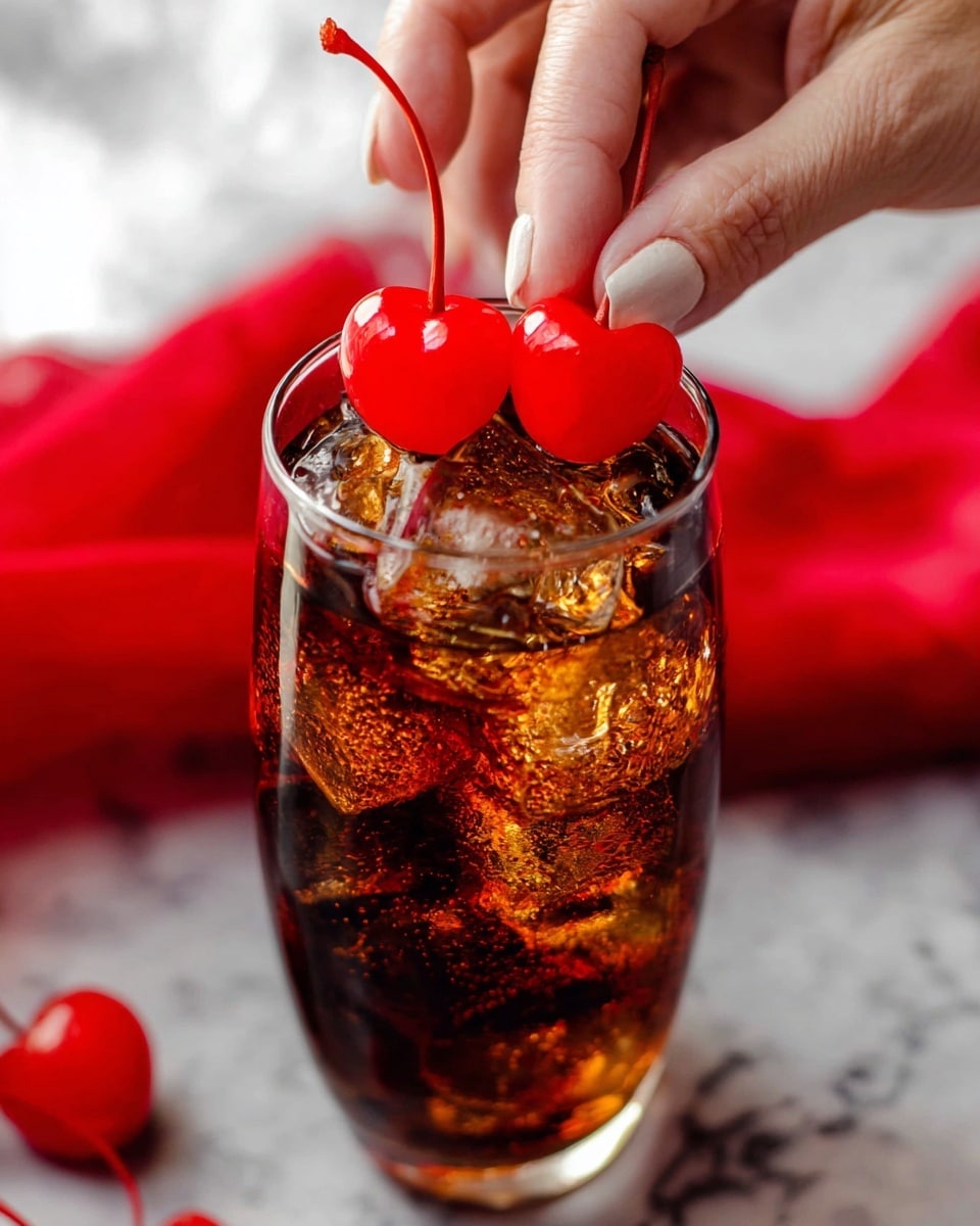 A tall clear glass is filled with dark brown soda and several large, shiny ice cubes inside, creating bright reflections and bubbles all around. At the top of the glass, two bright red cherries with long stems rest close together, partially submerged in the fizzy drink. The glass stands on a white marbled surface, and in the blurry background, a similar glass filled with the same soda and ice is visible, with a soft red object on the surface nearby. The light highlights the shiny texture of the ice and the deep color of the soda photo taken with an iphone --ar 4:5 --v 7