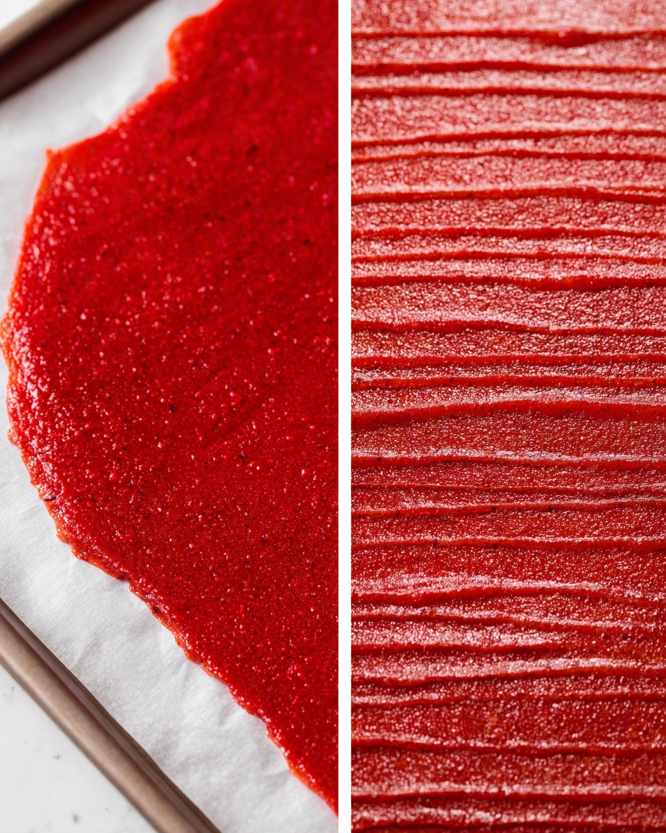 The image shows two close-up views of a thick, smooth red fruit leather spread thinly on white parchment paper, placed on a tray with a white marbled surface underneath. The left side has an unevenly shaped layer of bright red puree with a glossy texture and subtle specks throughout. The right side displays the same red layer now textured with parallel ridges running horizontally, giving it a slightly drier and matte look. Both layers look fresh and vibrant with a rich color, and the parchment paper edges are visible around the fruit leather. Photo taken with an iphone --ar 4:5 --v 7