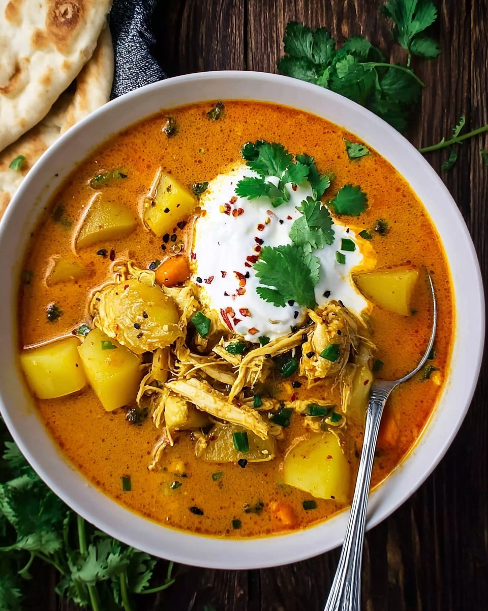 This image shows a white bowl filled with a thick orange soup that has visible chunks of yellow potatoes and shredded pieces of cooked chicken. On top of the soup is a dollop of white creamy sauce, sprinkled with small black and red seeds, and garnished with a fresh green cilantro sprig. A silver spoon rests inside the bowl on the right side. The bowl sits on a dark wooden surface with pieces of flatbread visible in the top left corner and fresh green herbs partially seen at the bottom left. photo taken with an iphone --ar 4:5 --v 7
