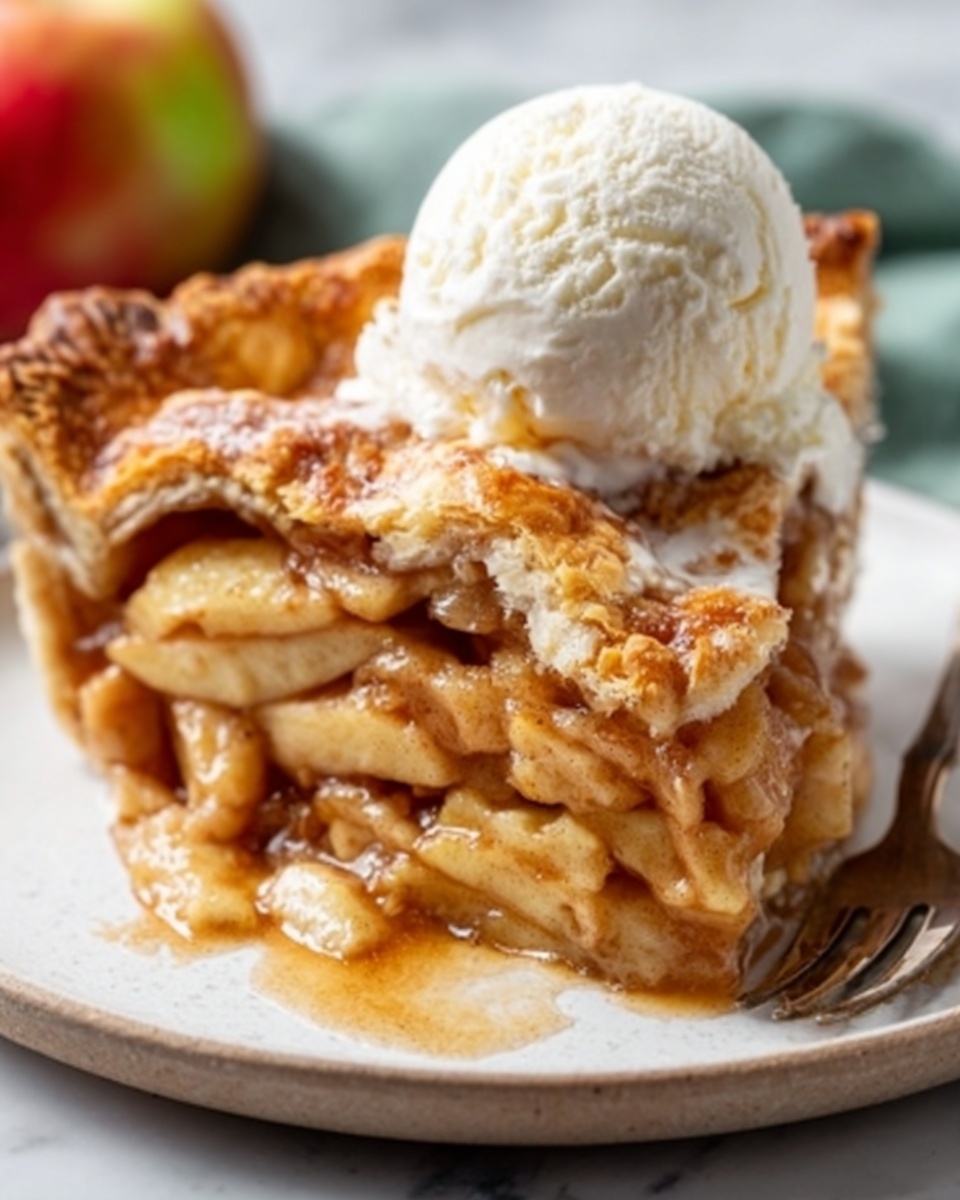A slice of apple pie with a thick, golden brown crust surrounding layers of soft, sliced apples mixed with cinnamon and sugar. The apple slices are light brown with some pieces showing a shiny glaze. On top of the pie slice, there is a scoop of white vanilla ice cream melting slowly and slightly dripping onto the pie. The slice sits on a white plate with a white marbled surface underneath. A woman's hand is holding a fork next to the plate. Photo taken with an iphone --ar 4:5 --v 7