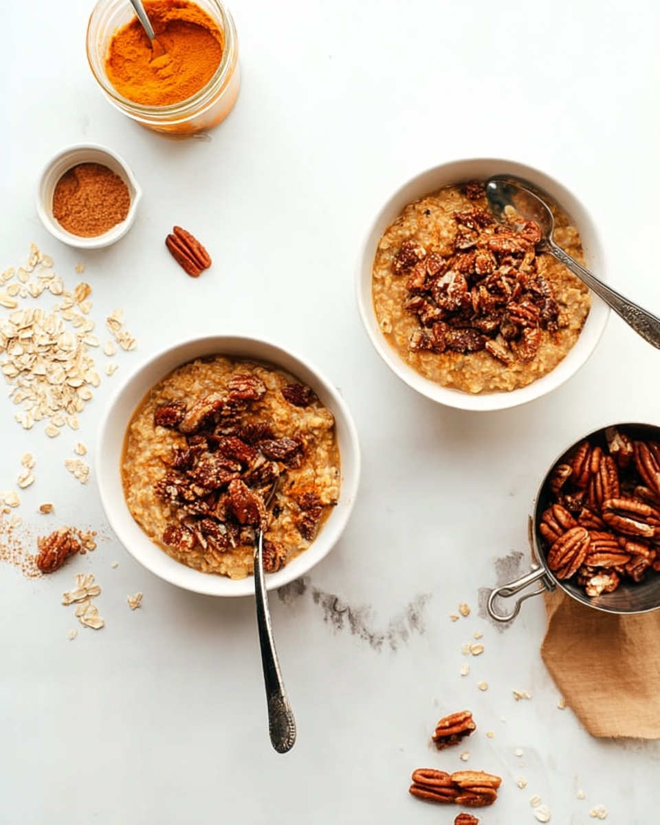 The image shows two white bowls filled with thick oatmeal that has a warm beige color. Each bowl is topped with clusters of dark brown granola and whole pecans that add texture and depth. One bowl has a spoon resting inside with a black handle and a metallic scoop facing upwards. Scattered around the bowls on a white marbled surface are some loose granola pieces and pecans. A small white bowl containing ground cinnamon powder and a glass jar of smooth pumpkin puree with an orange tone are also in the scene. A metal measuring cup filled with whole pecans completes the setup, creating a cozy and inviting breakfast layout. The photo taken with an iphone --ar 4:5 --v 7