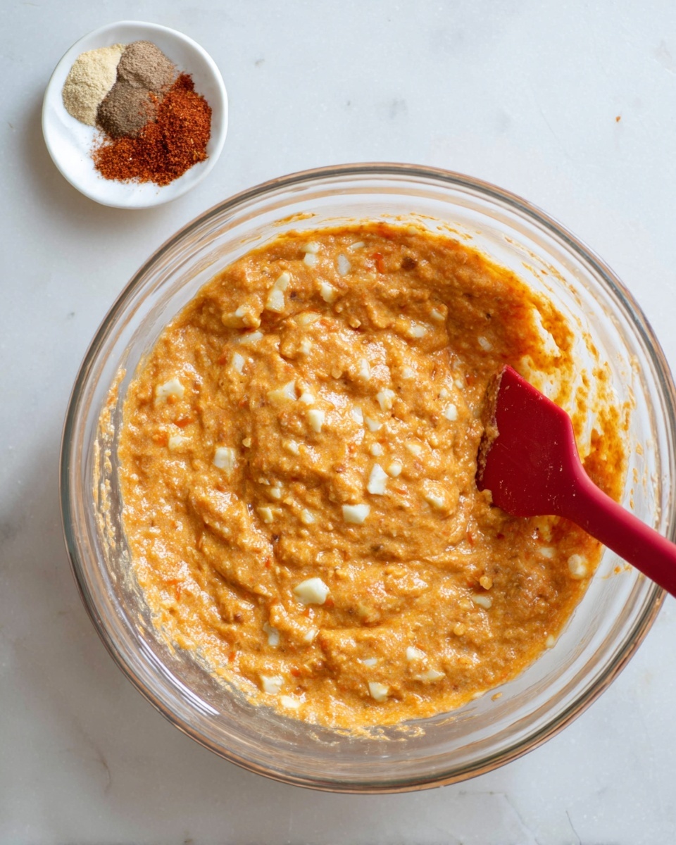 A clear glass bowl filled with a thick, orange mixture that has small white chunks throughout, giving it a textured look. A red spatula is partially inside the mixture, resting on the left side of the bowl. Above and to the right of the bowl is a small white dish with a few different powdered spices, mostly brown and red in color. The scene is set on a white marbled surface. photo taken with an iphone --ar 4:5 --v 7