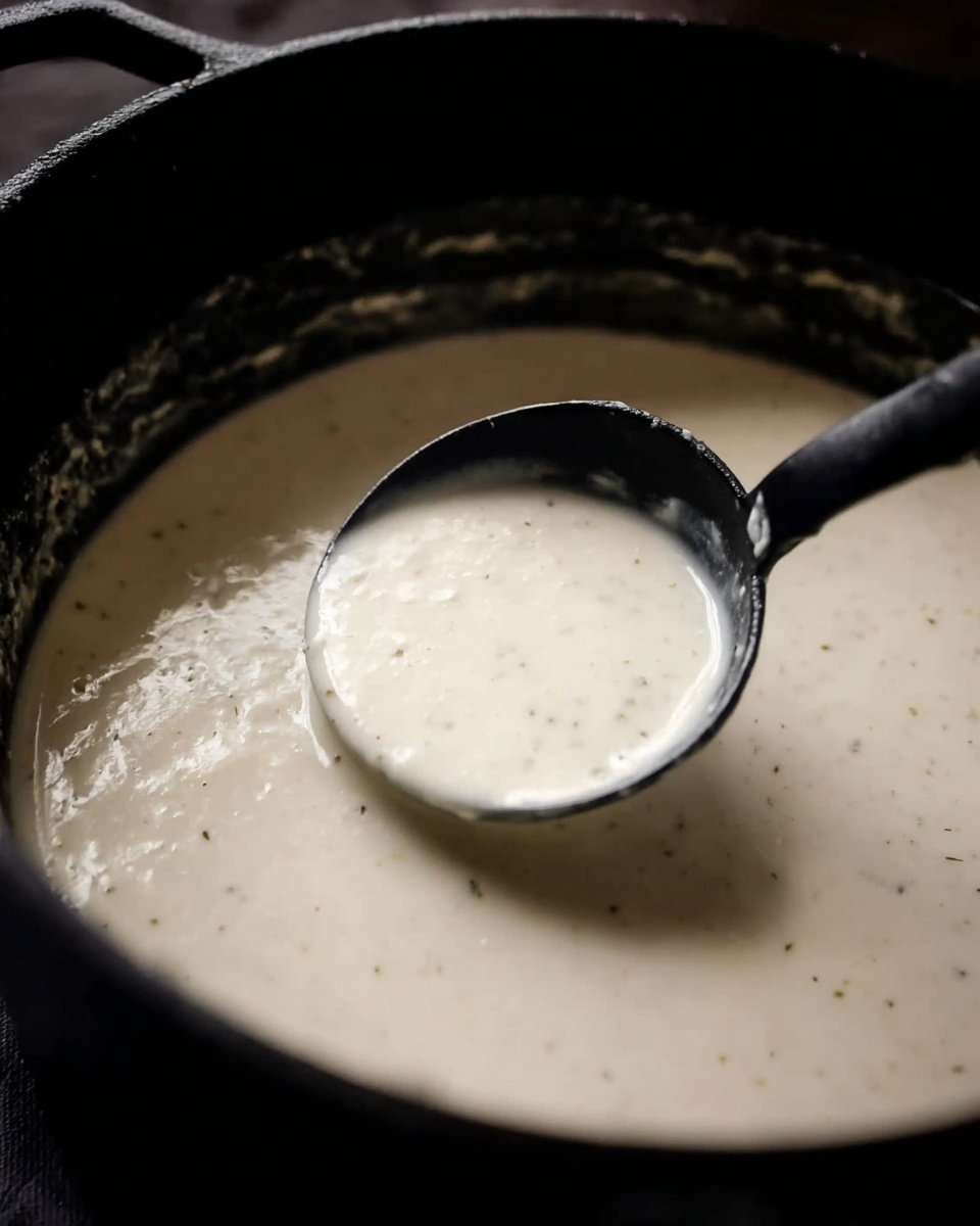 A black pot filled with thick, creamy white soup with small specks of herbs or spices throughout. A black ladle is scooping some of the soup, showing its smooth and slightly textured consistency. The pot edges have some soup residue, indicating it is freshly stirred. The background is dark, making the soup and pot stand out clearly. photo taken with an iphone --ar 4:5 --v 7