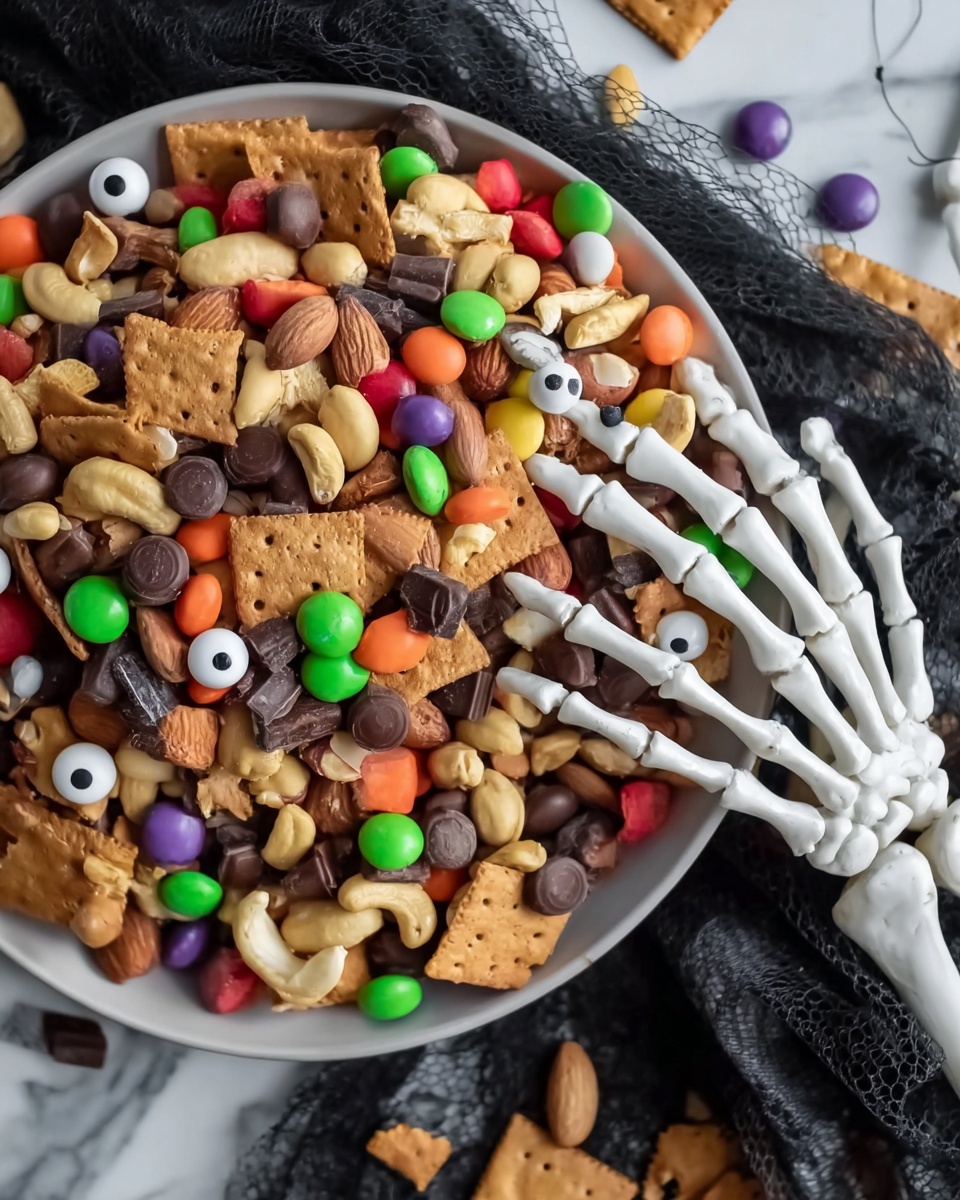 A white bowl filled with a colorful mix of snack items including orange, green, red, and purple candy-coated chocolates, brown almond nuts, light brown peanuts, cashews, small dark brown chocolate chunks, and crispy light brown crackers. There are also small white candy pieces with black eyes scattered among the mix. A pair of white skeleton hands are placed over the bowl, holding or reaching towards the snacks. The bowl sits on a white marbled surface with a black sheer cloth nearby. The overall look is vibrant and festive. photo taken with an iphone --ar 4:5 --v 7