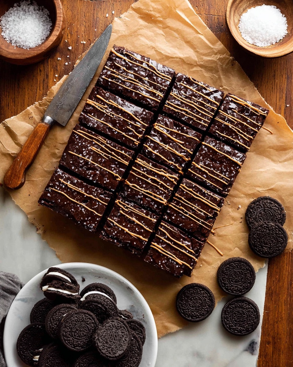 A square chocolate brownie is cut into 16 small squares and placed on brown parchment paper. The top layer of the brownie is glossy and dark brown, drizzled with thin lines of a light brown sauce in a scattered pattern. The brownie layer is thick and rich. Around the brownie, there is a wooden table with a wooden bowl of coarse salt and a small dark bowl filled with white candy drops. A knife with a wooden handle is placed on the left side on the brown paper. At the bottom left, there is a white plate holding several whole and one opened chocolate sandwich cookies with white cream inside. The whole scene sits on a white marbled surface. photo taken with an iphone --ar 4:5 --v 7