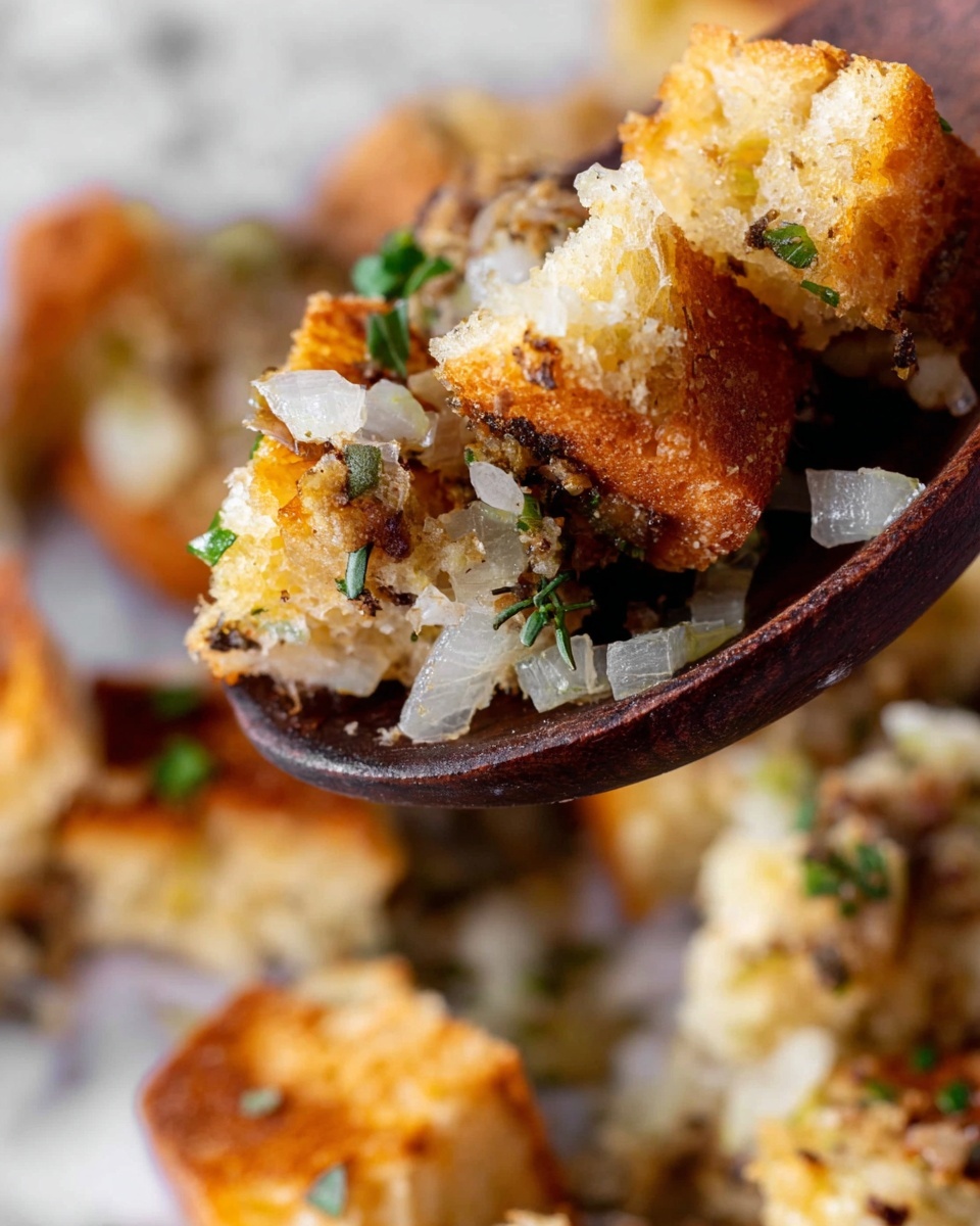 A close-up view of golden-brown toasted bread pieces layered with small white onion chunks and bits of green herbs, all resting on a dark wooden spoon. The toasted bread shows a crunchy texture with light browning, and the onion pieces look soft and slightly translucent. Below the spoon, more toasted bread with herbs and onions spread out, slightly blurred. The background features a white marbled texture. photo taken with an iphone --ar 4:5 --v 7