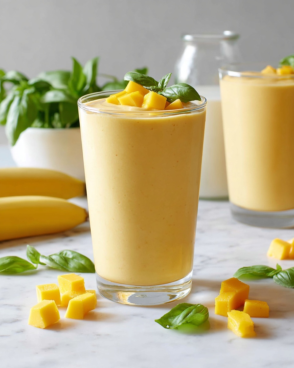 A thick, creamy yellow smoothie is being poured from a clear pitcher into a clear glass, nearly filling it to the top with a slightly frothy texture. In the background, there is another clear glass filled with the same yellow smoothie. Behind the glass on the left side, there is a fresh whole banana and a small white bowl with green fresh leaves. The scene is set on a white marbled surface with a soft, natural light that highlights the smoothie's texture. photo taken with an iphone --ar 4:5 --v 7