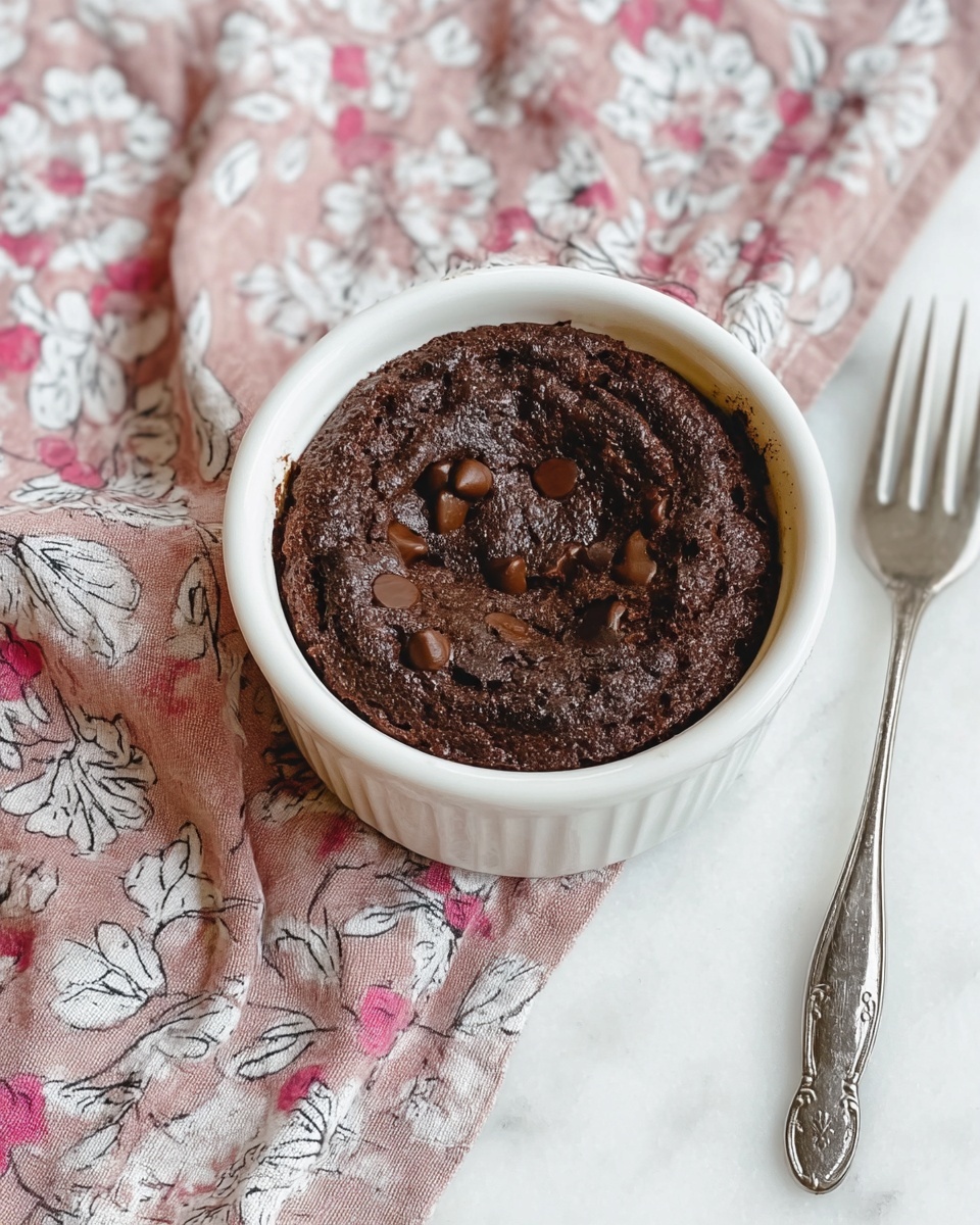 The image shows a small round white ceramic ramekin filled with a rich dark brown chocolate cake that has a cracked, slightly rough surface with pockets of melted chocolate chips visible on the top layer. The ramekin sits on a white marbled surface next to a silver fork with ornate detailing on the handle. A folded pink cloth with white and black floral patterns is placed to the left side under the ramekin, adding a soft texture and color contrast to the scene. Photo taken with an iphone --ar 4:5 --v 7