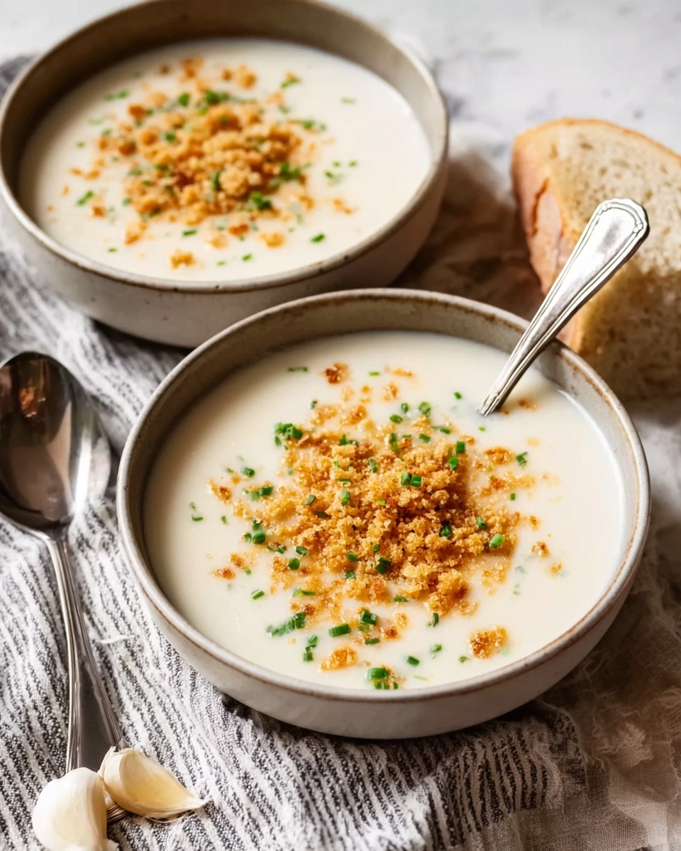Two bowls filled with creamy white soup topped with a golden brown crumbly garnish mixed with small green herb bits, each bowl has a shiny silver spoon inside. The bowls sit on a white marbled textured surface with a soft striped cloth underneath, and a piece of light beige bread and a garlic clove placed casually nearby. The scene shows steam rising softly, giving a warm and inviting feel. Photo taken with an iphone --ar 4:5 --v 7