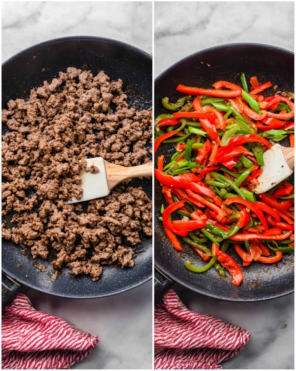 The image shows two side-by-side photos of a black pan on a white marbled surface. The left photo has one layer of cooked ground meat, brown in color, being stirred with a white spatula with a wooden handle. The right photo shows the same pan but with a second layer added: bright red sliced bell peppers and long green and white pieces of green onion mixed with the cooked meat. A red and white striped cloth is partly visible near the pan in both photos. photo taken with an iphone --ar 4:5 --v 7