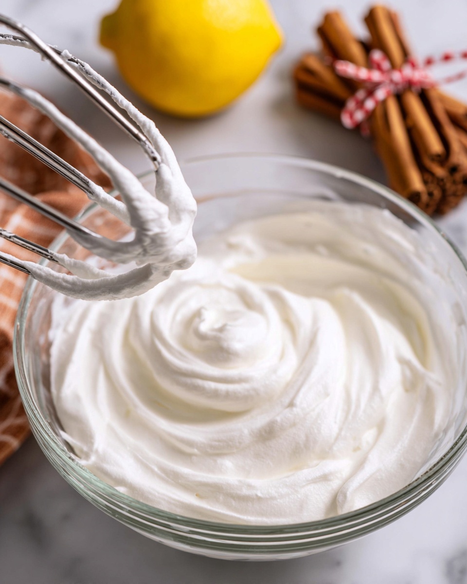 A close-up of thick, white whipped cream with soft, smooth peaks swirling in a clear glass bowl, a metal mixer attachment holding a mound of the creamy texture above the bowl, a bright yellow lemon blurred in the background on the left and a bundle of brown cinnamon sticks tied with a red and white checkered string on the right, all set on a white marbled surface photo taken with an iphone --ar 4:5 --v 7