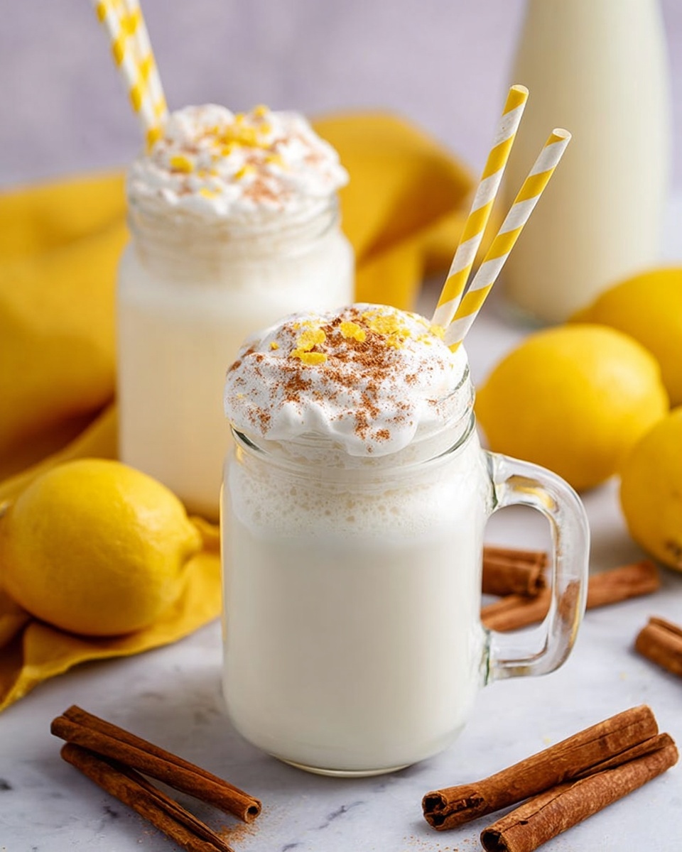 Two clear glass mugs filled with a creamy white drink topped with a thick layer of white foam, sprinkled with brown cinnamon powder and small zest bits. Each mug has two yellow and white striped straws sticking out from the foam. The mugs rest on a white marbled surface, with bright yellow lemons and a yellow cloth to the left side, and several cinnamon sticks on the bottom right. The background is softly blurred with a soft white bottle visible. photo taken with an iphone --ar 4:5 --v 7