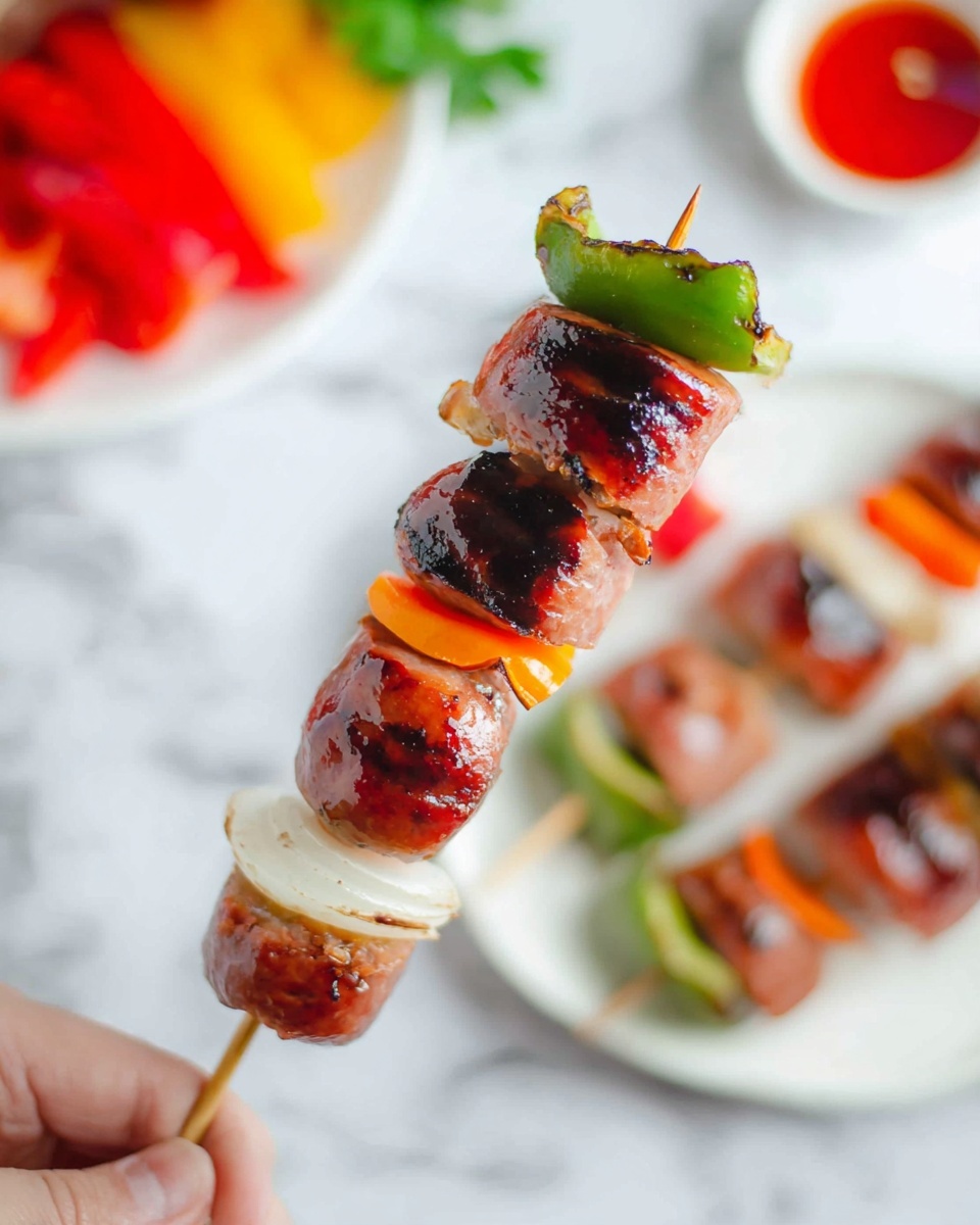 A close-up of a grilled skewer held by a woman's hand showing three layers: a green bell pepper piece at the top, a thick sausage piece in the middle with grill marks and a shiny, slightly charred brown surface, and a white onion piece at the bottom. The skewer also has small thin orange slices between the layers. In the blurred background, there is a white plate with more skewers, colorful red and green peppers on another white plate, and a small white bowl with red sauce on a white marbled surface. photo taken with an iphone --ar 4:5 --v 7