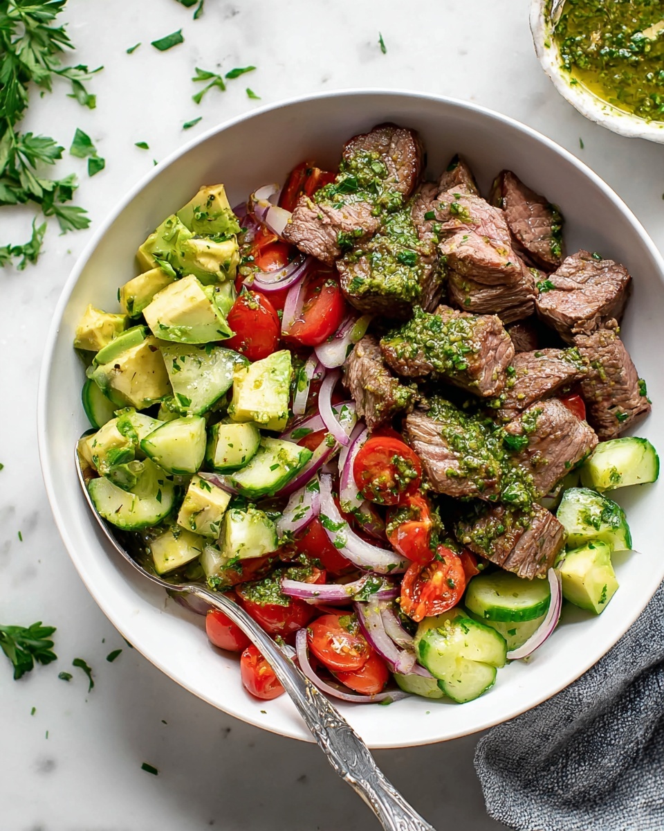 The image shows a white bowl filled with a colorful salad made of several layers. On the bottom, there are chopped cucumbers in a bright green color mixed with thin purple slices of red onion and halved red cherry tomatoes. On top of this are thick slices of light green avocado drizzled with a green herb dressing. Scattered around the salad are medium-sized pieces of cooked steak with brown, seared edges and pink centers. The salad is lightly coated with a chunky green herb sauce. A spoon rests inside the bowl on the left side. The bowl sits on a white marbled surface, with a neatly folded black and white striped cloth nearby. In the background, there is a glimpse of a small white bowl with green herb dressing and stacked white plates with forks. Photo taken with an iphone --ar 4:5 --v 7