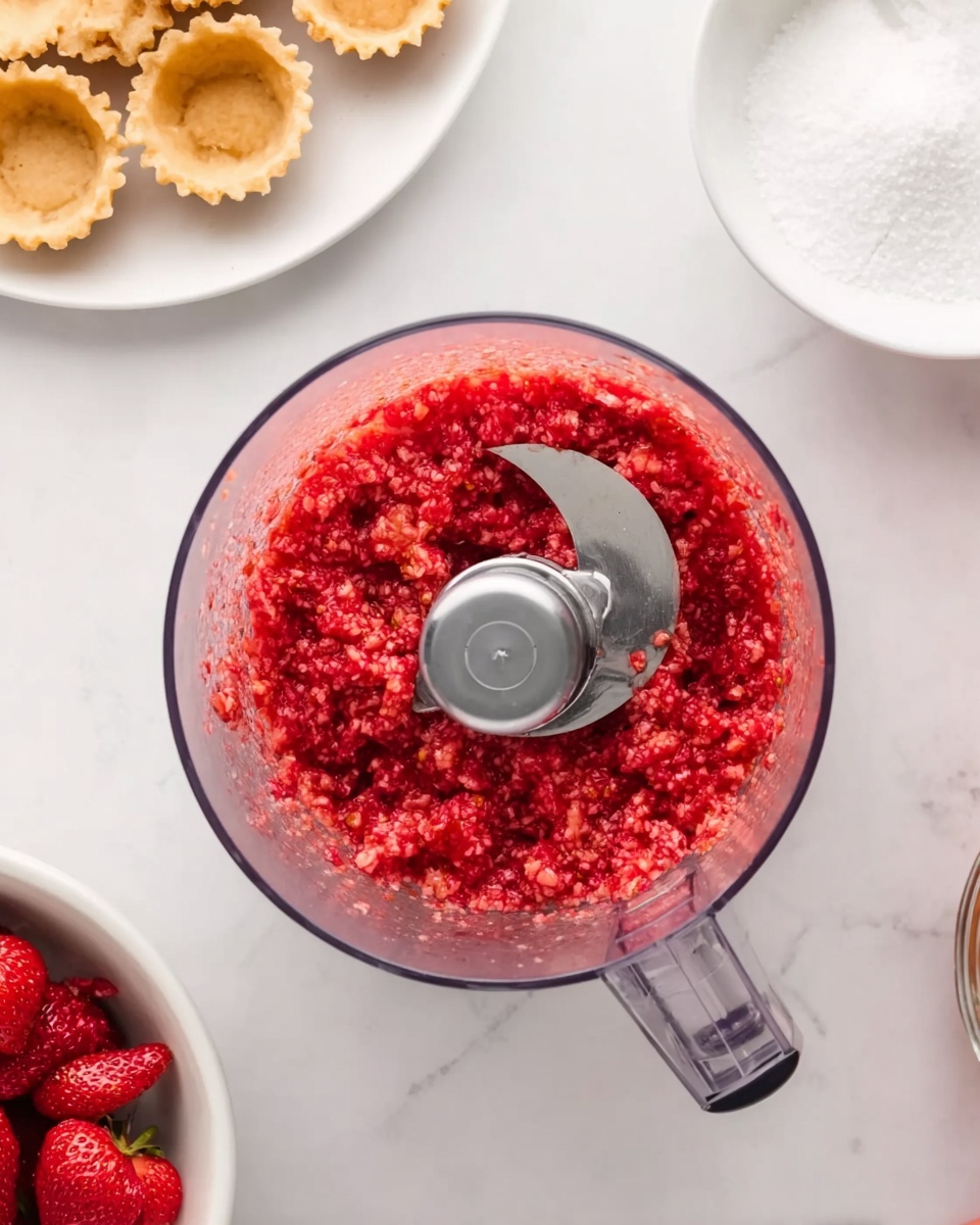 A clear food processor bowl filled with bright red crushed strawberries, showing a slightly chunky texture with tiny seeds and bits of fruit. The sharp silver blade is visible in the middle, surrounded by the red mixture. Above the bowl, a white plate holds several small tart shells with crimped edges and a golden-brown color. To the upper right, a white bowl filled with fine white sugar and a glimpse of a bowl of fresh red strawberries are visible. The entire scene is set on a white marbled surface, bright and clean. Photo taken with an iphone --ar 4:5 --v 7