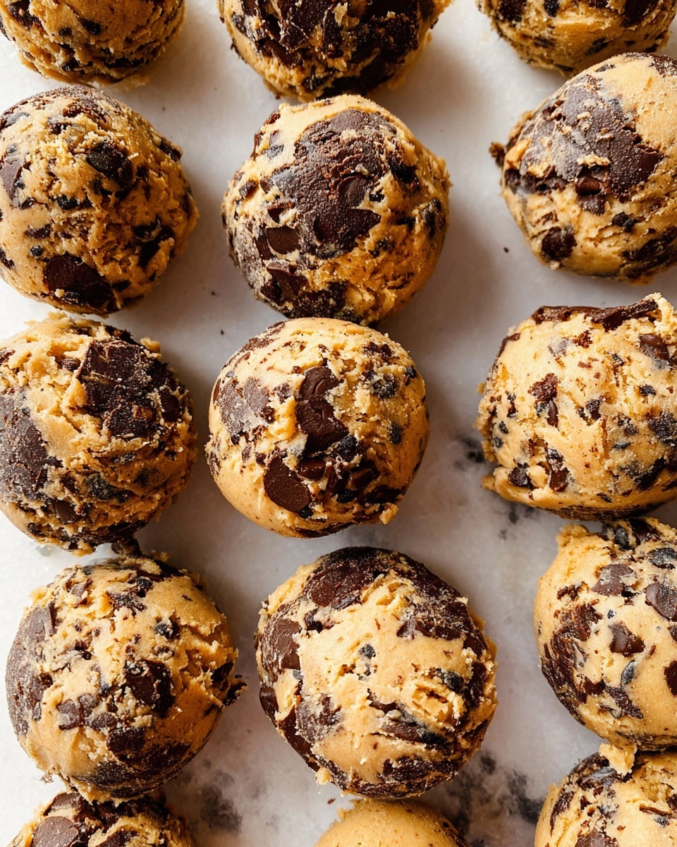 The image shows several round cookie dough scoops placed close together on a white marbled surface. Each scoop is textured with a mix of golden brown dough and dark chocolate chunks spread unevenly throughout, creating a marbled effect. The dough appears soft and slightly crumbly with rough edges, and the chocolate pieces add contrast with their rich dark brown color. The scoops are uniform in size and shaped into rough spheres, evenly spaced across the surface. Photo taken with an iphone --ar 4:5 --v 7