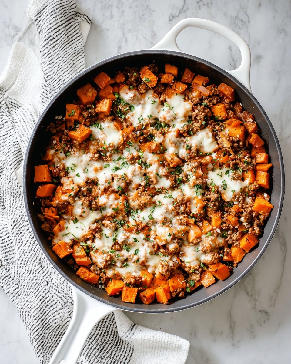 The dish is served in a black skillet placed on a white marbled surface, filled with small bright orange cubes of cooked sweet potatoes mixed with browned ground meat. There are melted white cheese patches scattered evenly on top, along with a garnish of finely chopped green herbs spread over the entire dish. The texture shows soft chunks of sweet potatoes combined with crumbly meat pieces, creating a colorful and hearty look. photo taken with an iphone --ar 4:5 --v 7