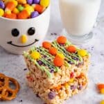 Candy Rice Krispie Treats with M&Ms, Candy Corn, and Pretzels Recipe