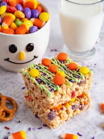 Candy Rice Krispie Treats with M&Ms, Candy Corn, and Pretzels Recipe