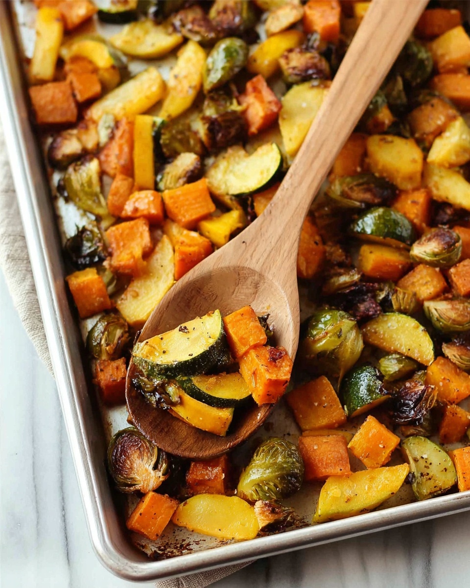 The image shows a white metal baking tray filled with roasted vegetables on a white marbled surface. The vegetables are layered with diced orange sweet potatoes, slightly charred Brussels sprouts cut in half, and sliced yellow and green zucchini pieces with brown edges, all scattered evenly across the tray. A wooden spoon scoops a mix of these vegetables from the tray, showing the soft texture and roasted color. The lighting highlights the warm orange and green tones against the silver tray, presenting a fresh and hearty roasted vegetable dish photo taken with an iphone --ar 4:5 --v 7
