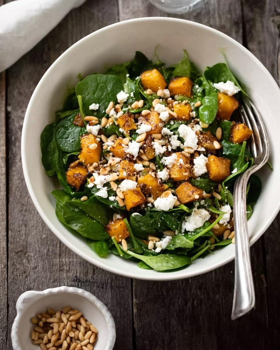 A white bowl filled with a spinach salad sits on a white marbled surface. The first layer is fresh green spinach leaves. On top, there are golden brown cubes of roasted butternut squash scattered evenly. White crumbled cheese is sprinkled over the salad. Light brown toasted pine nuts add texture and crunch across the top. Two silver forks rest inside the bowl on the right side. A small white dish with more pine nuts is to the front left of the bowl. In the background, there are stacked white plates with silver forks on top, all set on the white marbled surface. photo taken with an iphone --ar 4:5 --v 7