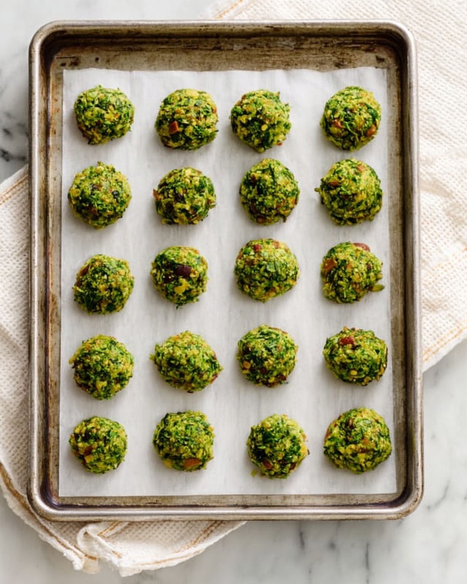 The image shows a metal baking tray lined with white parchment paper, holding 20 small, round green patties arranged in four rows of five. Each patty has a rough texture with bits of herbs or vegetables visible, giving a fresh, leafy green color mixed with some brown spots from baking. The tray is placed on a white marbled surface with a folded cloth partially visible underneath the tray edges. Photo taken with an iphone --ar 4:5 --v 7