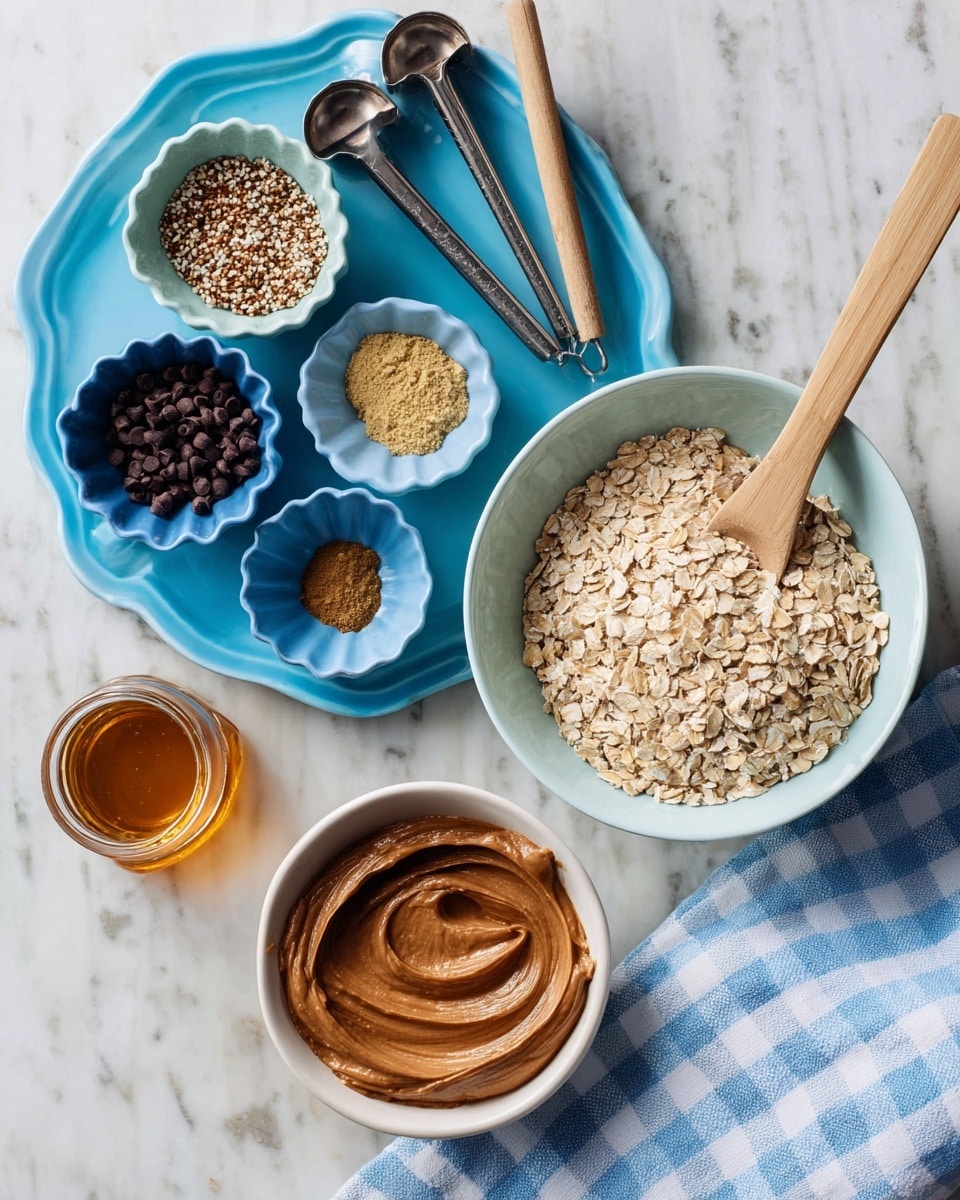 Several small bowls and a plate with different ingredients are arranged on a white marbled surface. A large white bowl at the bottom right contains smooth brown peanut butter with a wooden spoon resting inside. Above it, a light blue bowl holds pale beige rolled oats with a wooden scoop laid on top. To the left, a small blue bowl contains mixed ground seeds with a crumbly texture. Above that, a bright blue plate holds three small bowls: one pale blue with dark brown mini chocolate chips, one darker blue with a light yellow powder, and one small scalloped bowl with a dark liquid. A set of metal measuring spoons rests above the three small bowls on the blue plate. A glass container of golden honey is placed near the oats bowl. A light blue and white checkered cloth lies to the left, partially under the oats bowl. photo taken with an iphone --ar 4:5 --v 7