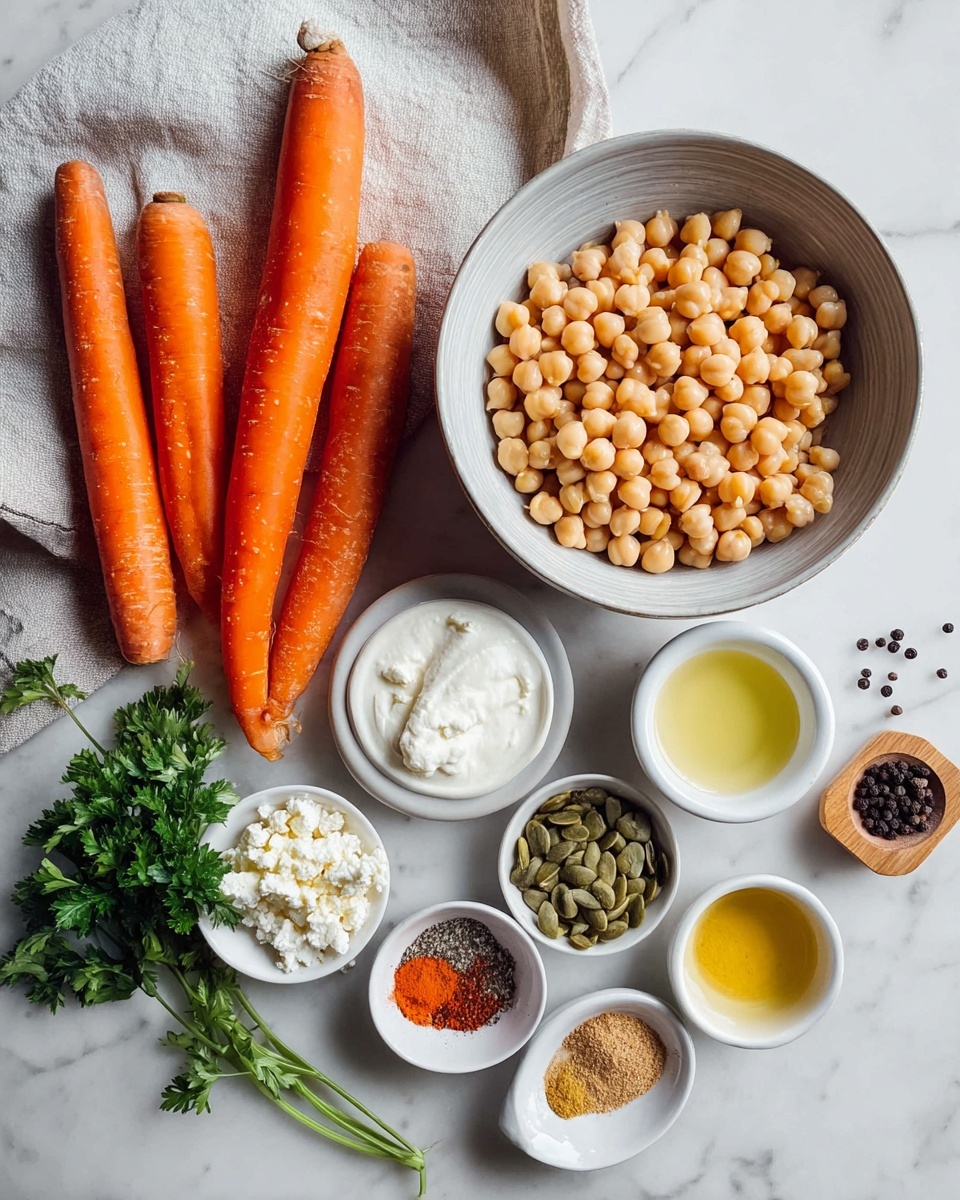 The image shows a white marbled surface with a light gray cloth. There are three whole bright orange carrots lying diagonally on the left side. A light gray bowl with a white inside holds a large pile of light brown chickpeas on the right. Around this are small white bowls containing different ingredients: green pumpkin seeds, white crumbled cheese, white cream, a light yellow liquid, a yellow oil, and spices in red, beige, and brown colors. A few black peppercorns and a small bunch of green parsley are scattered near the carrots. The photo has soft, natural light, with a wood salt holder on the top right corner. Photo taken with an iphone --ar 4:5 --v 7