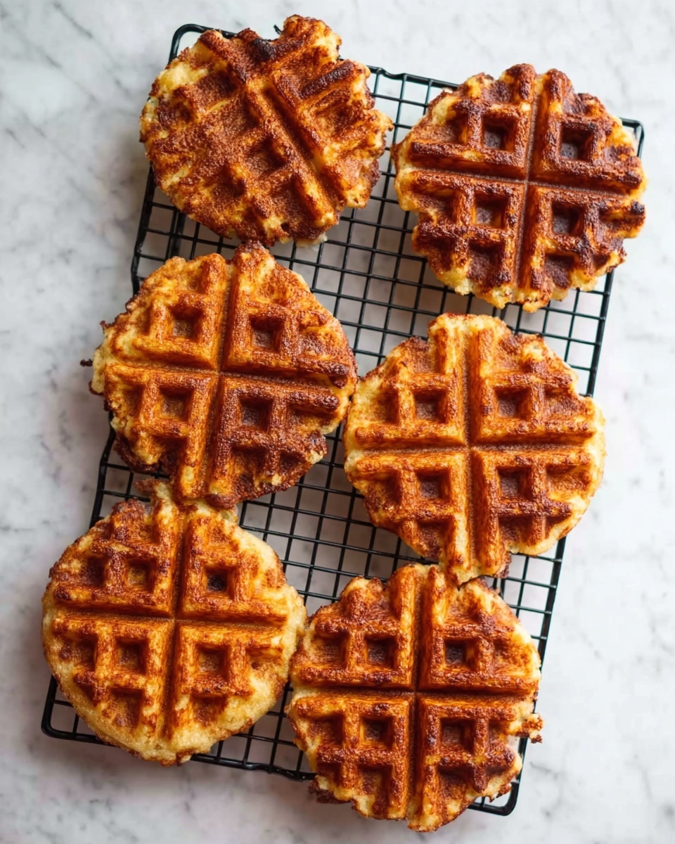 The image shows six golden-brown waffles placed on a black cooling rack. Each waffle has a round shape with a grid pattern, showing crispy and slightly uneven edges. The waffles have a textured surface with darker and lighter shades of brown, giving a crunchy look. The cooling rack sits on a white marbled texture surface, making the warm tones of the waffles stand out. photo taken with an iphone --ar 4:5 --v 7