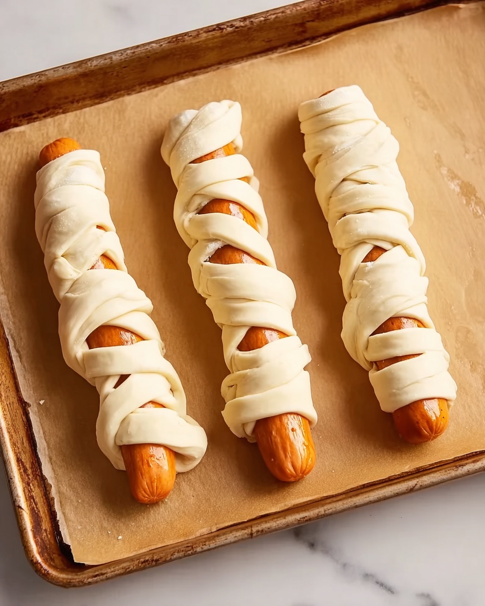 The image shows three uncooked hot dogs wrapped in raw dough strips laid on a baking tray lined with light brown parchment paper. Each hot dog is covered with uneven, twisted bands of creamy white dough, creating a spiral or braided look with some spaces showing the orange-brown hot dog underneath. The tray is placed on a white marbled surface, giving a clean and bright background. The dough strips are thick enough to show texture but not smooth, and the hot dogs lie horizontally and parallel to each other in a neat row. photo taken with an iphone --ar 4:5 --v 7
