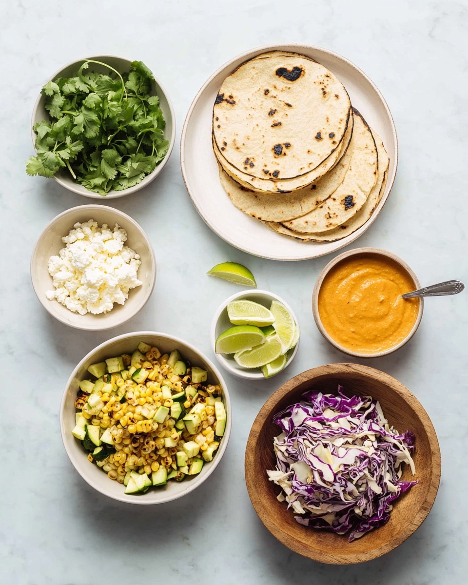 The image shows six white bowls and plates arranged on a white marbled surface. On the top right, there is a white plate with four slightly charred corn tortillas stacked evenly. Below it, a white bowl holds a mix of golden grilled corn kernels and chunks of green zucchini. To the right of this bowl, a wooden bowl is filled with shredded purple and white cabbage. Above the cabbage, a small white bowl contains white crumbled cheese. On the top left, a white bowl is filled with fresh green cilantro leaves. Next to it, a small white plate holds one halved lime and four lime wedges neatly arranged. At the bottom left, a white bowl contains a smooth orange sauce. The colors contrast nicely on the clean white marbled background, creating a fresh and vibrant visual. photo taken with an iphone --ar 4:5 --v 7