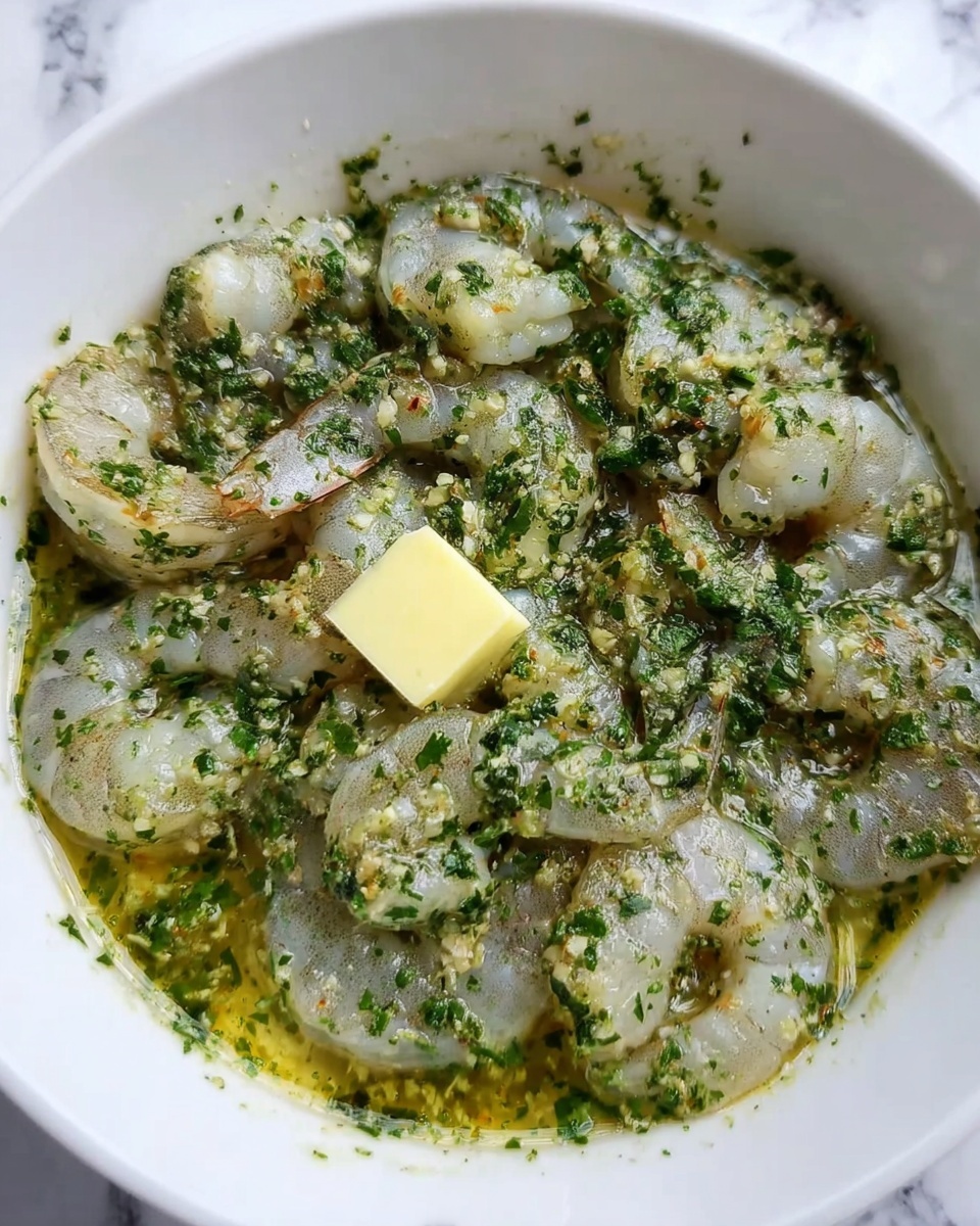 A white bowl filled with raw shrimp covered in a green herb sauce made of chopped herbs and oil, with a small square of yellow butter melting on one side. The shrimp are light gray and translucent, lying flat and surrounded by the green sauce, which has a slightly oily texture with visible bits of herbs. The background shows a white marbled surface. photo taken with an iphone --ar 4:5 --v 7